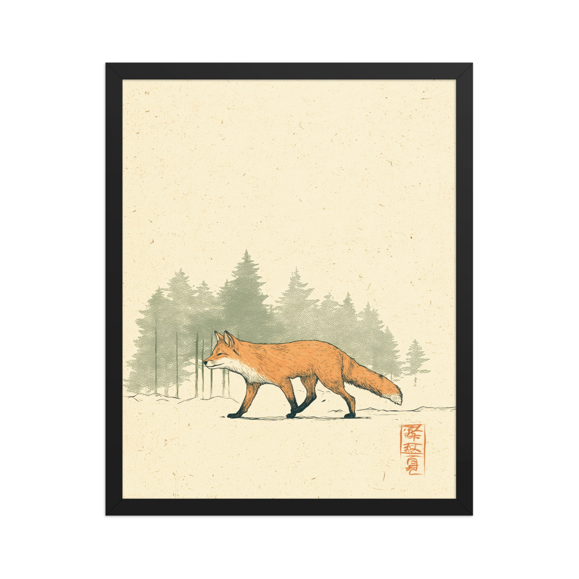 enhanced-matte-paper-framed-poster-in-black-16x20-front-68f9031fcfe3f.jpg Fox in Pines — Red Fox Illustration on Textured Paper Wall Decor — Framed Poster - Image 6