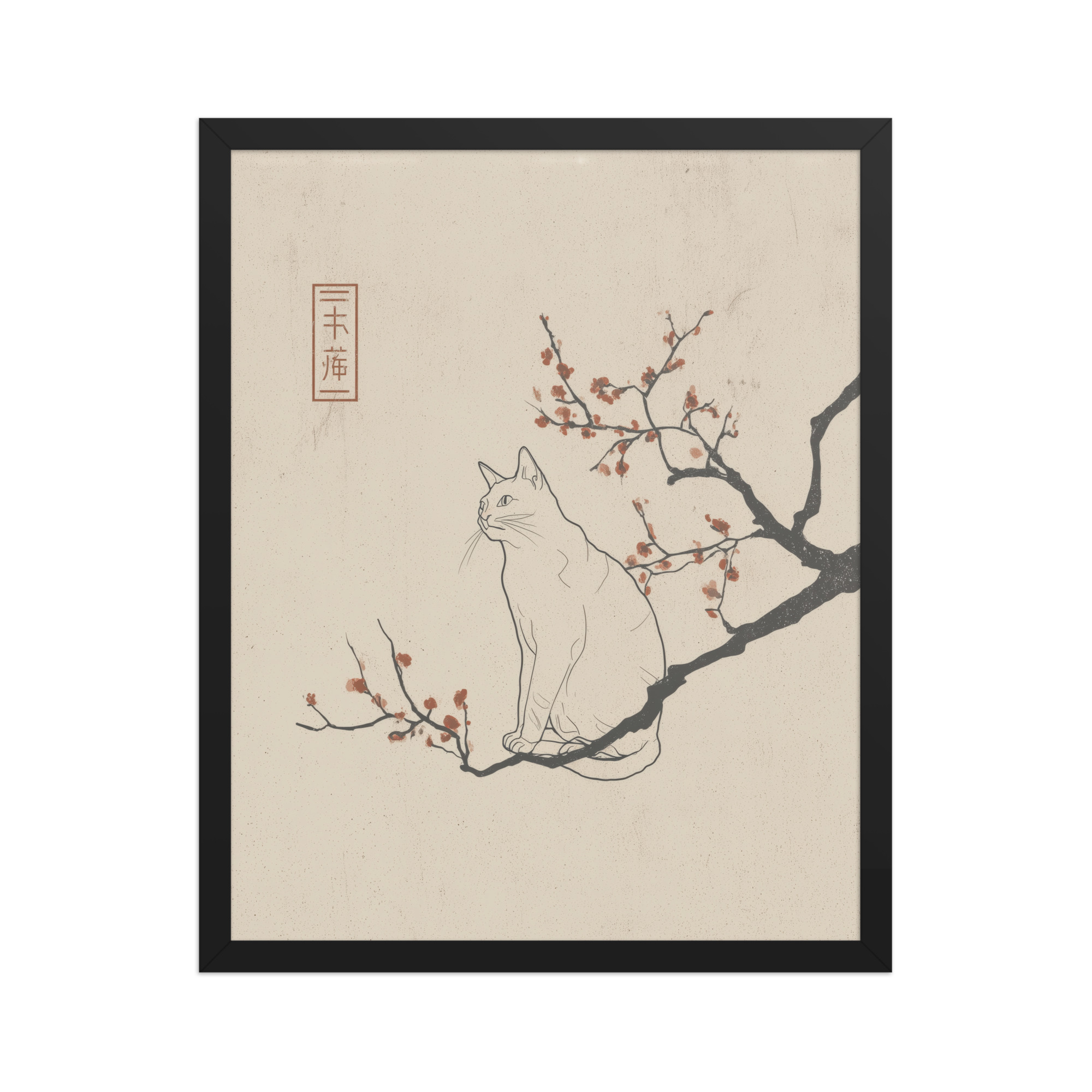 enhanced-matte-paper-framed-poster-in-black-16x20-front-68f9068249850.jpg Cat with Blossoms — Minimalist Cat on Plum Branch Wall Art — Framed Poster - Image 5