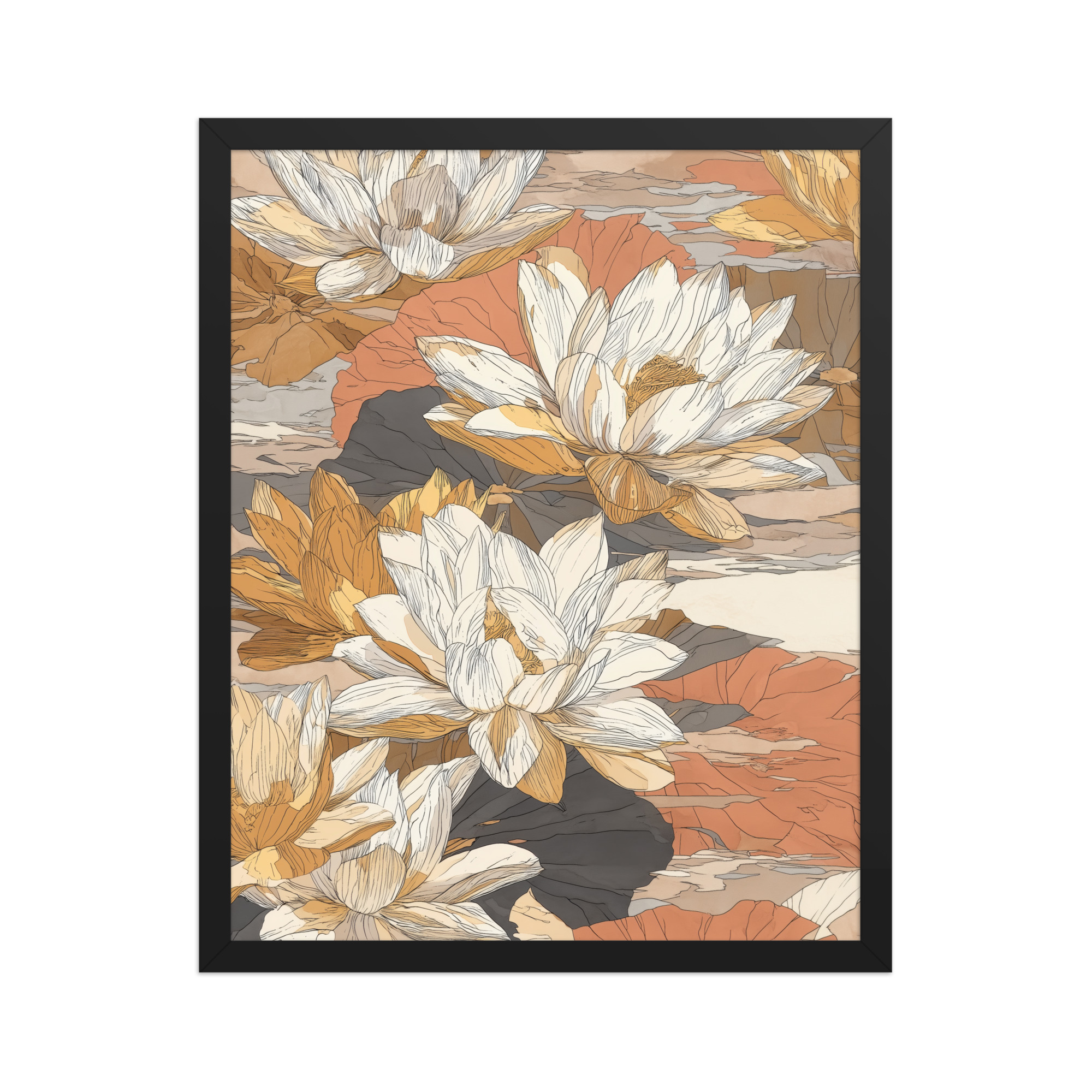 enhanced-matte-paper-framed-poster-in-black-16x20-front-68f922f46180a.jpg Lotus Blossom Pattern — Warm Terracotta Floral Wall Art — Framed Poster - Image 5