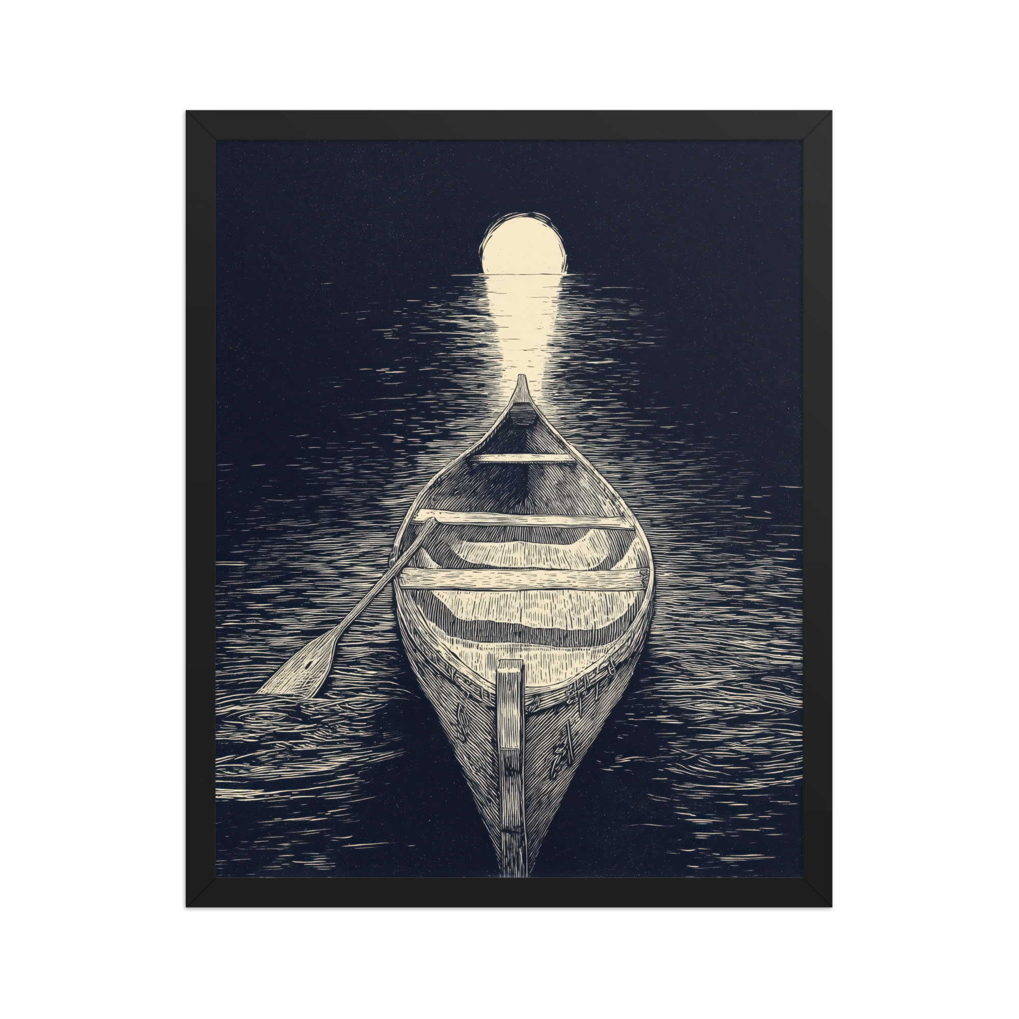 enhanced-matte-paper-framed-poster-in-black-16x20-front-68f9cc5aaa4b6.jpg Moonlit Canoe — Woodcut Night Lake Wall Art — Framed Poster - Image 4