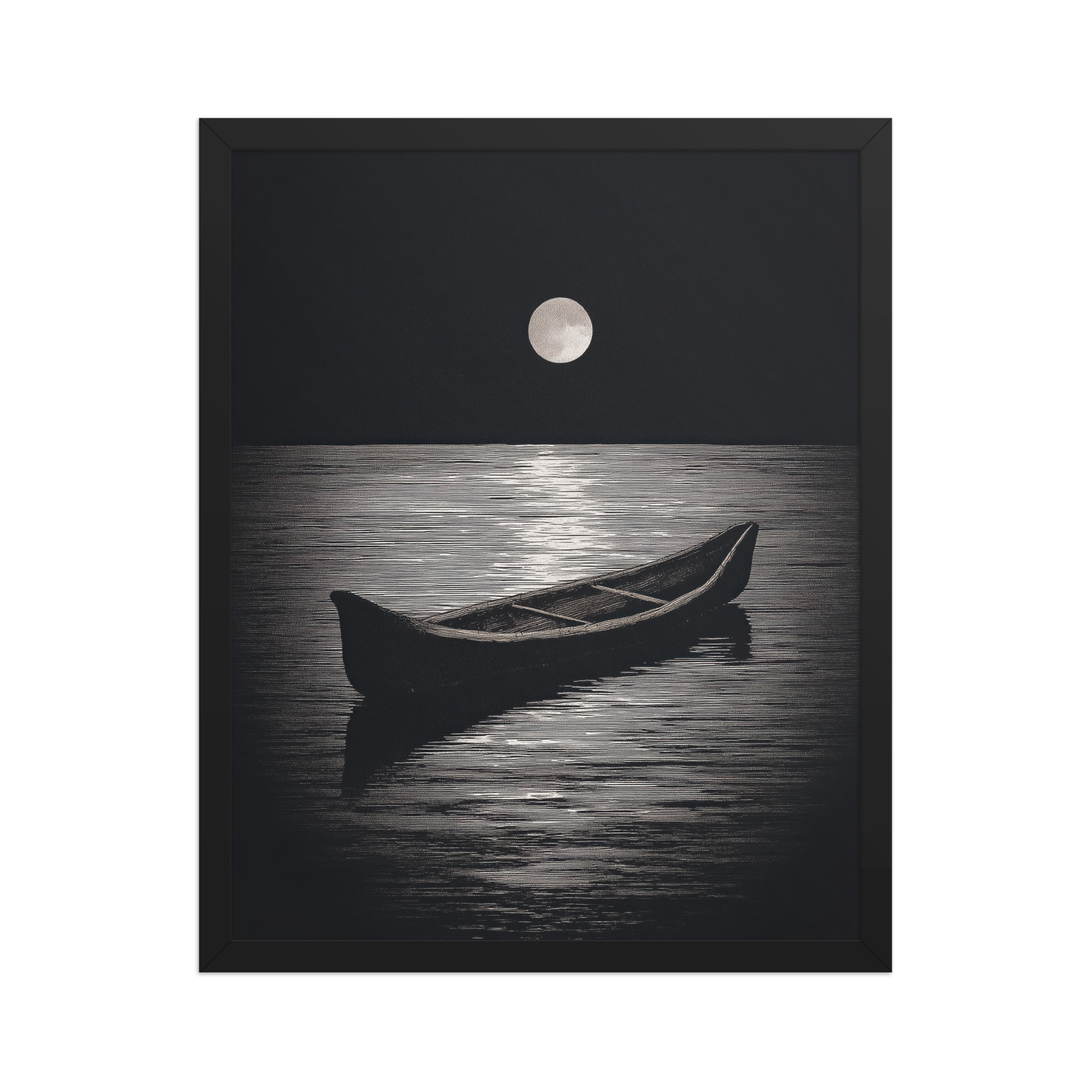 enhanced-matte-paper-framed-poster-in-black-16x20-front-68f9d0a4e573b.jpg Moonlit Canoe II — Minimal Silver Moon Night Wall Art — Framed Poster - Image 6