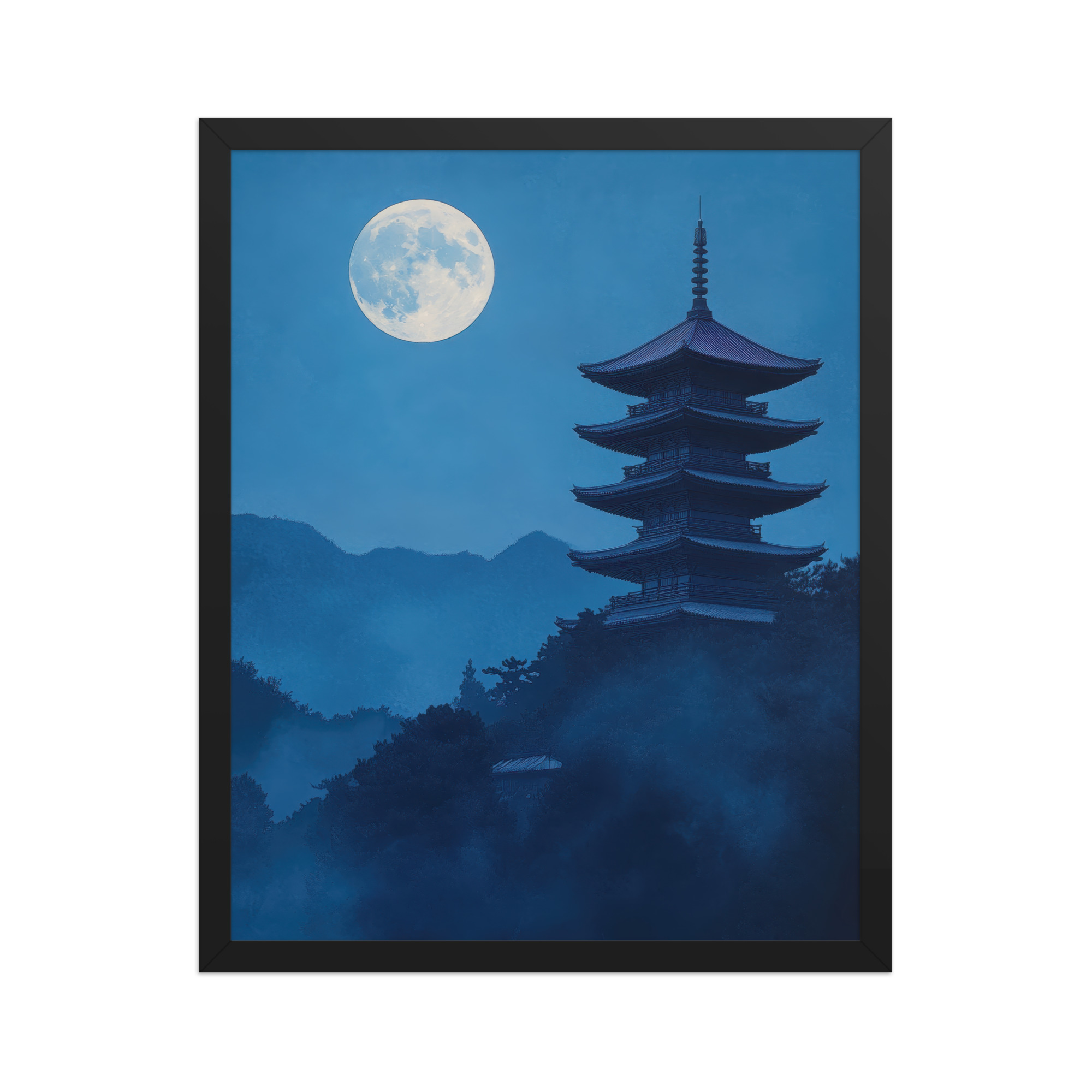 enhanced-matte-paper-framed-poster-in-black-16x20-front-68f9d4a4cbdff.jpg Twilight Pagoda Stillness — Moonlit Temple Wall Decor — Framed Poster - Image 5