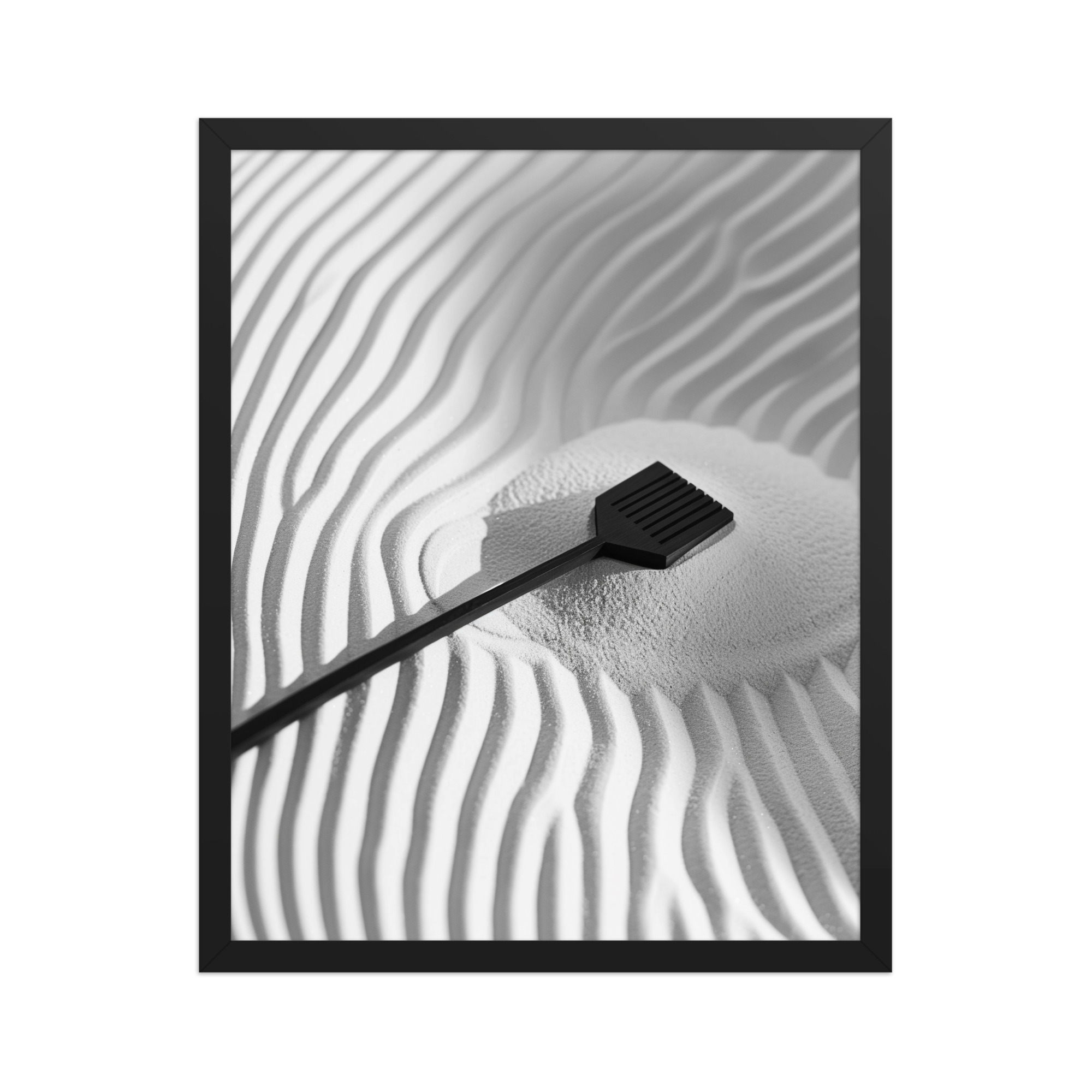 enhanced-matte-paper-framed-poster-in-black-16x20-front-68f9e8d81f857.jpg Zen Sand Rake – Minimal Monochrome Ripples Wall Art – Framed Poster - Image 6