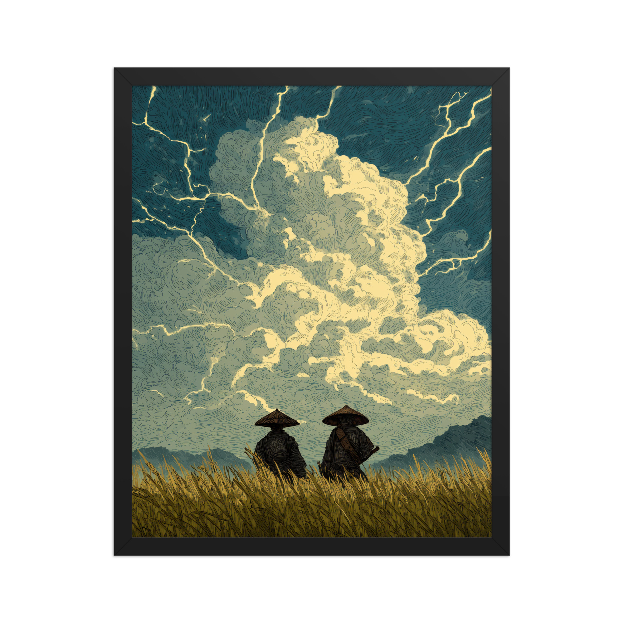 enhanced-matte-paper-framed-poster-in-black-16x20-front-68f9f1a39c9e9.jpg Before the Storm – Ukiyo-e Samurai Watchers Landscape Wall Art – Framed Poster - Image 5