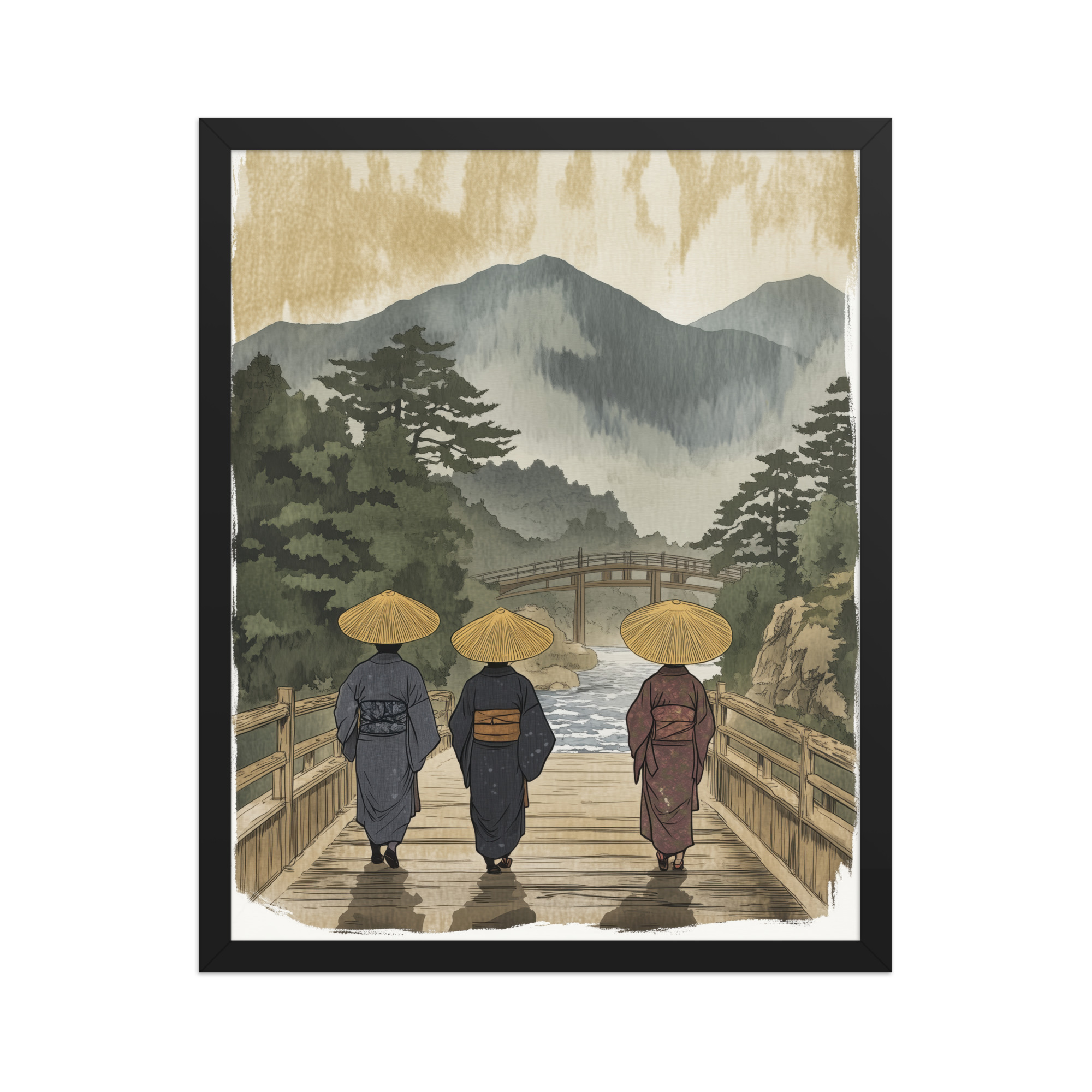 enhanced-matte-paper-framed-poster-in-black-16x20-front-68f9f30d7e542.jpg Morning Walk to the Temple – Ukiyo-e Wall Art Print – Framed Poster - Image 6