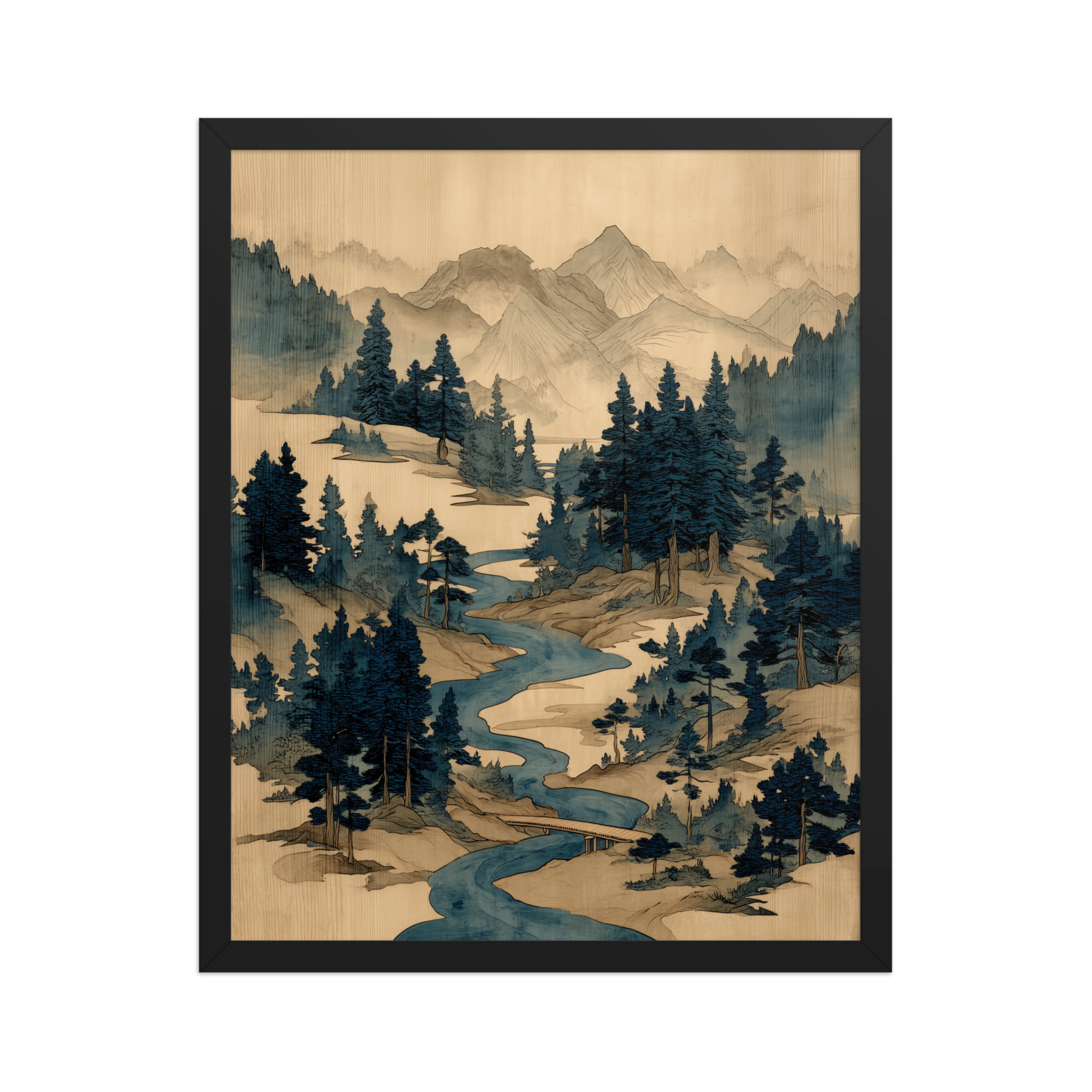 enhanced-matte-paper-framed-poster-in-black-16x20-front-68f9f793e07df.jpg Winding River Pines – Ukiyo-e Mountain Stream Landscape Wall Art – Framed Poster - Image 6