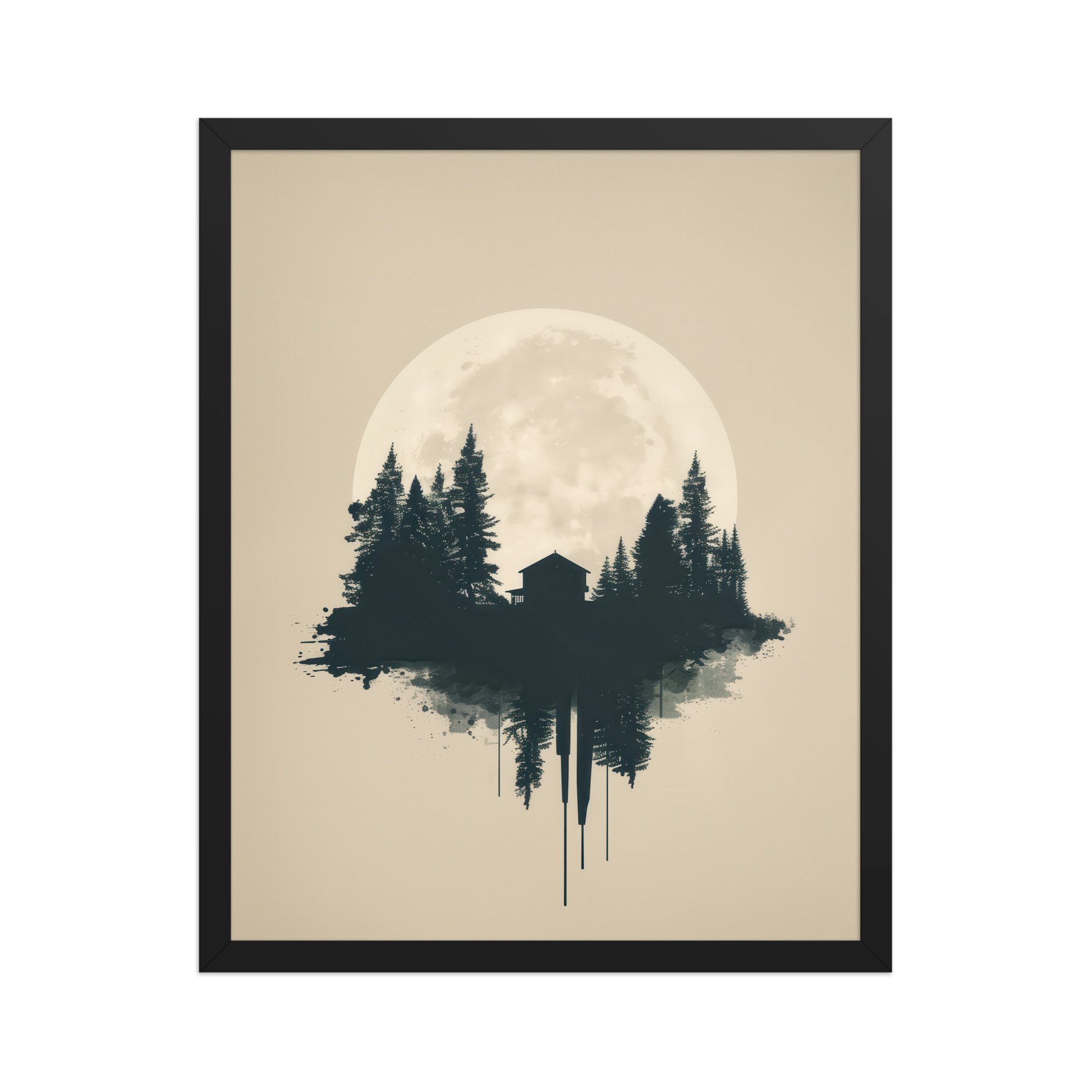 enhanced-matte-paper-framed-poster-in-black-16x20-front-68f9ff049a4c7.jpg Full Moon Shelter — Minimalistic Forest House Wall Decor — Framed Poster - Image 4
