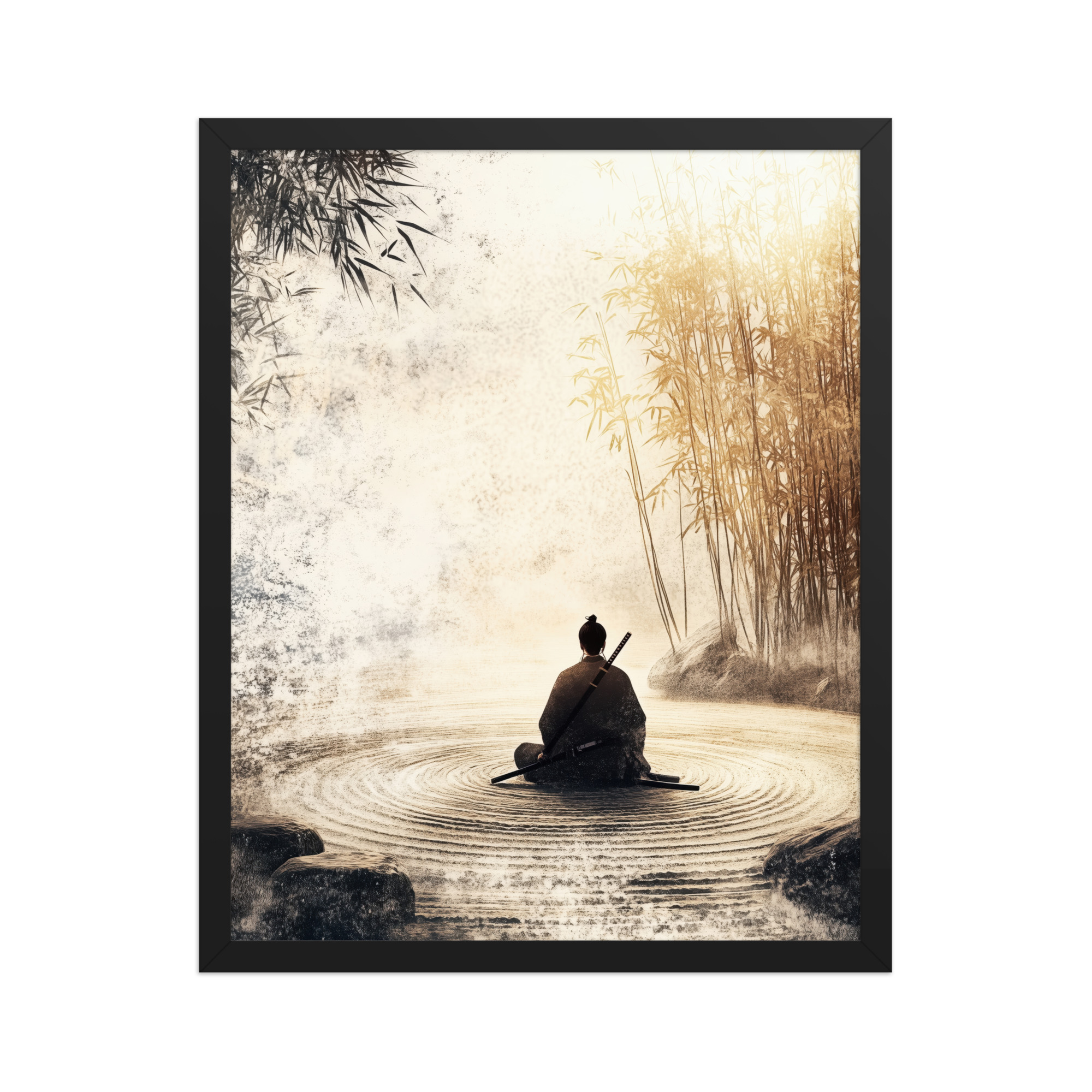 enhanced-matte-paper-framed-poster-in-black-16x20-front-68fa162ed2403.jpg Zen Samurai in Bamboo Light – Neutral Sumi-e Ink Samurai Meditation Wall Art – Framed Poster - Image 4