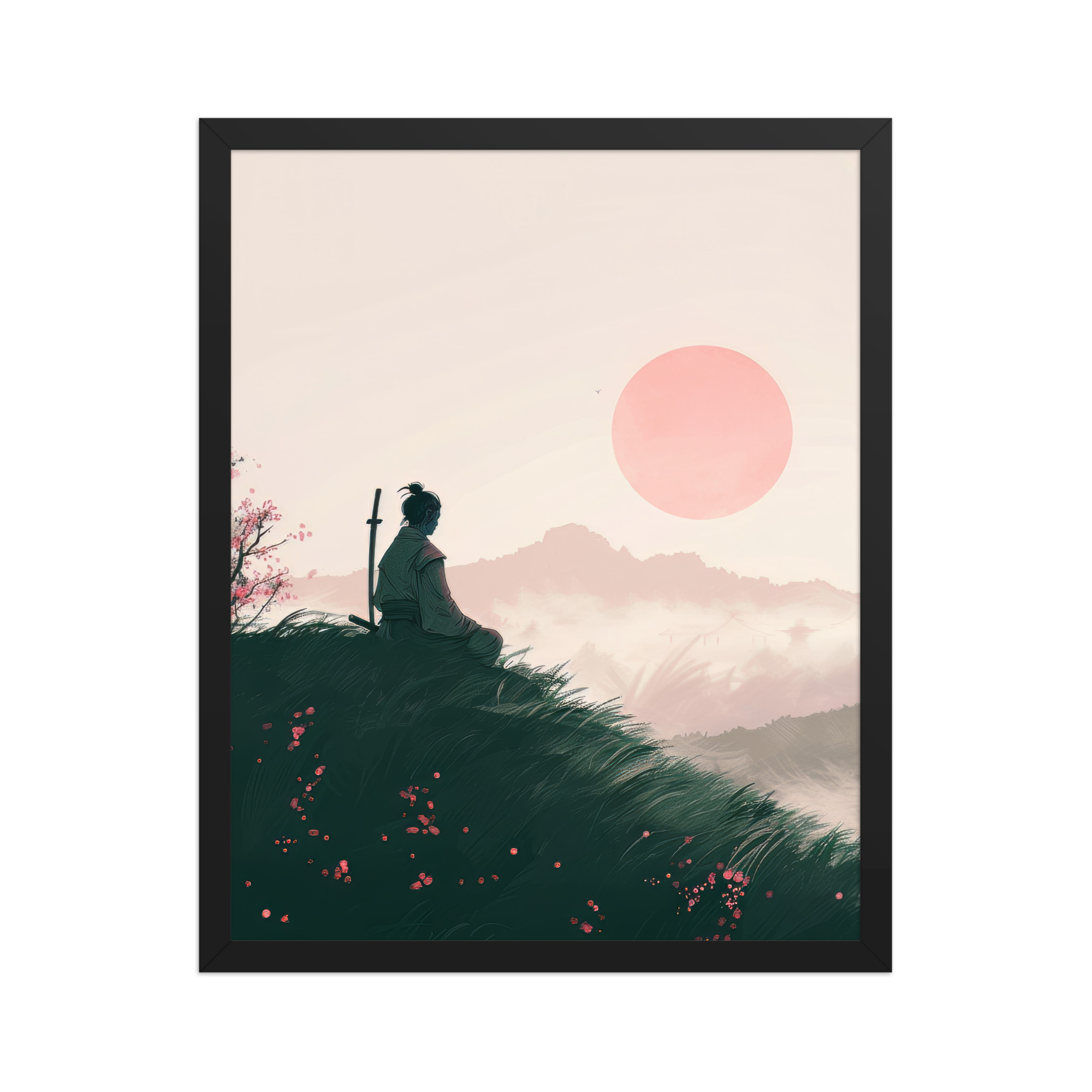 enhanced-matte-paper-framed-poster-in-black-16x20-front-68fa1673971f2.jpg Samurai at Dawn – Pink Sun Over Hills Quiet Strength at Daybreak Wall Decor – Framed Poster - Image 5