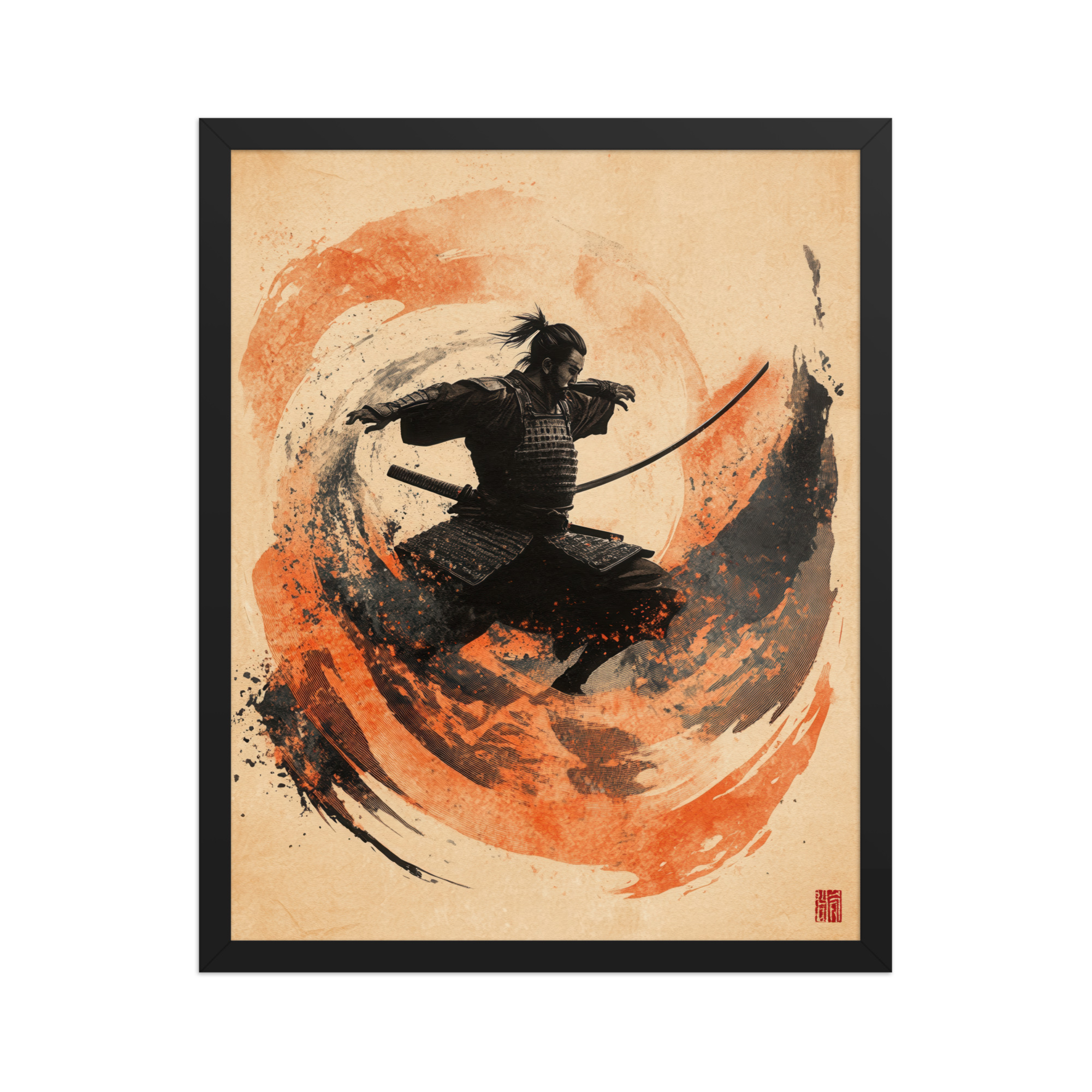 enhanced-matte-paper-framed-poster-in-black-16x20-front-68fa2225eb3c7.jpg Samurai Swirl – Brush-Stroke Motion and Warrior Focus Wall Decor – Framed Poster - Image 2