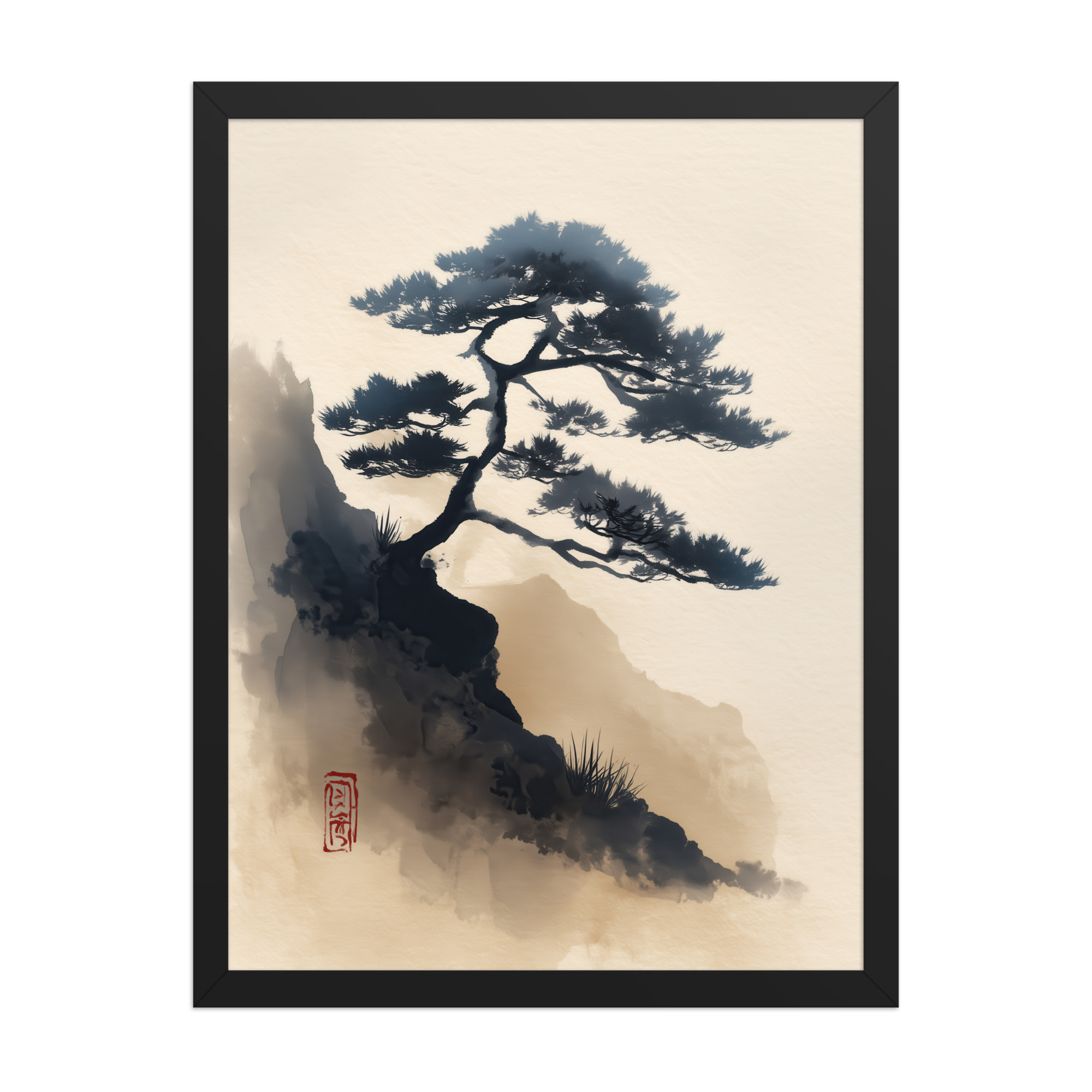 enhanced-matte-paper-framed-poster-in-black-18x24-front-68f87d0d3c2fc.jpg Mountain Pine in Soft Ink — Sumi-e Japanese Landscape Wall Decor — Framed Poster - Image 6
