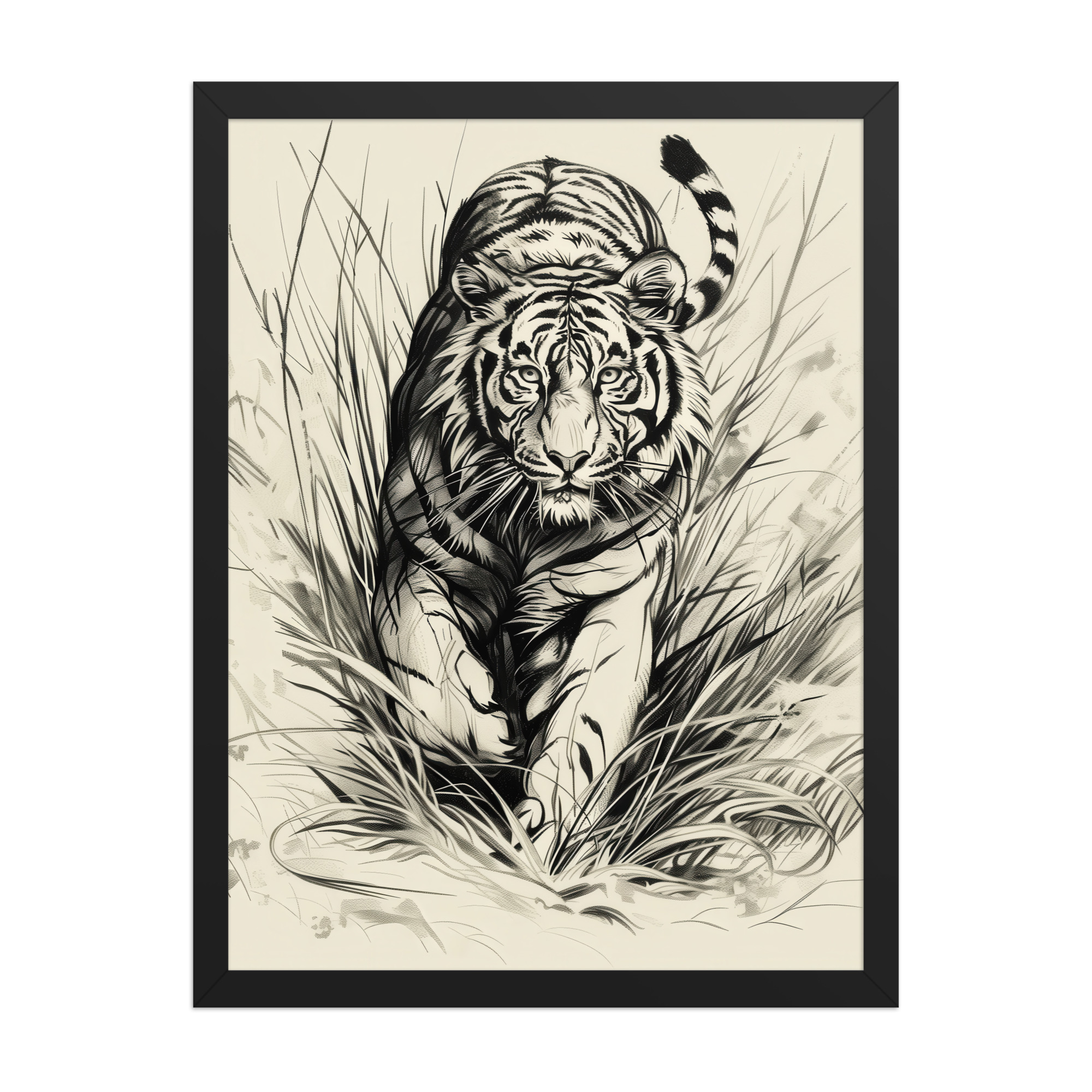 enhanced-matte-paper-framed-poster-in-black-18x24-front-68f89b48939aa.jpg Tiger in Brush — Monochrome Ink Bengal Tiger Wall Art — Framed Poster - Image 3