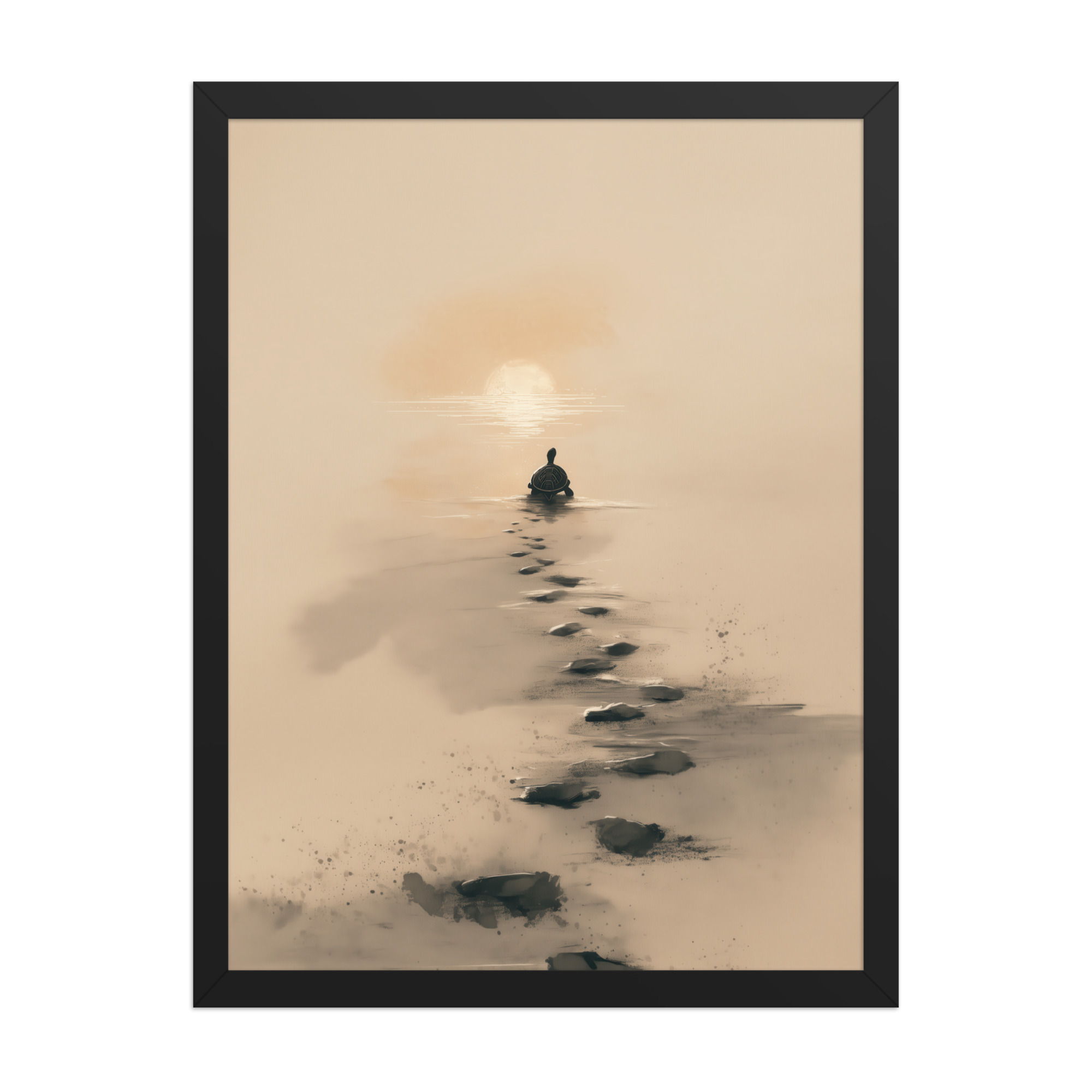 enhanced-matte-paper-framed-poster-in-black-18x24-front-68f8a9c685713.jpg Turtle Sunset Path — Minimalist Japandi Turtle with Footprints Beach Sunset Wall Decor — Framed Poster - Image 7