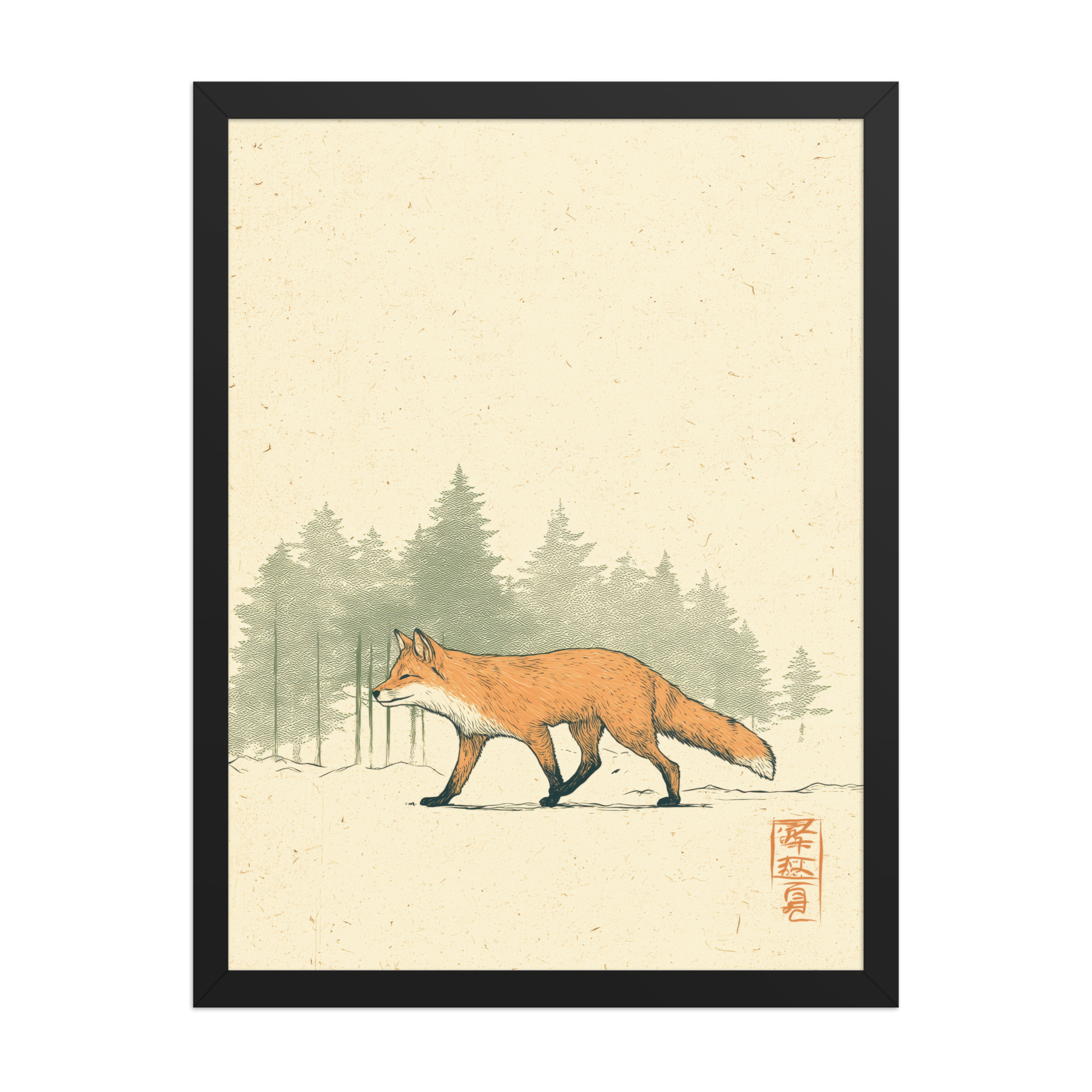 enhanced-matte-paper-framed-poster-in-black-18x24-front-68f9031fcfed4.jpg Fox in Pines — Red Fox Illustration on Textured Paper Wall Decor — Framed Poster - Image 7
