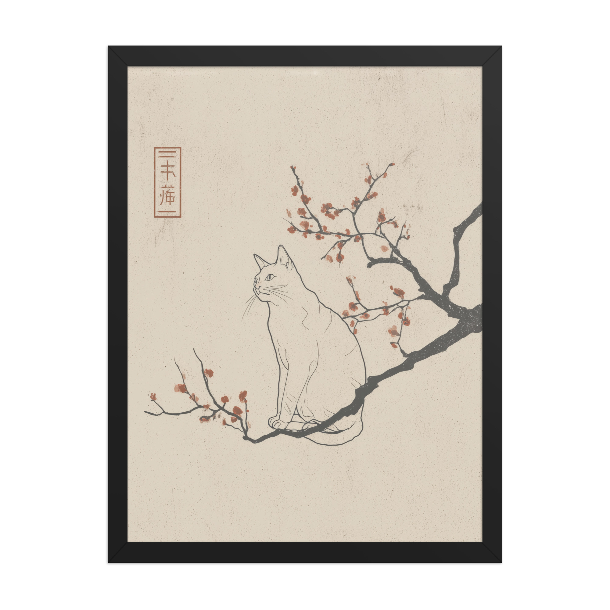 enhanced-matte-paper-framed-poster-in-black-18x24-front-68f90682498ef.jpg Cat with Blossoms — Minimalist Cat on Plum Branch Wall Art — Framed Poster - Image 6