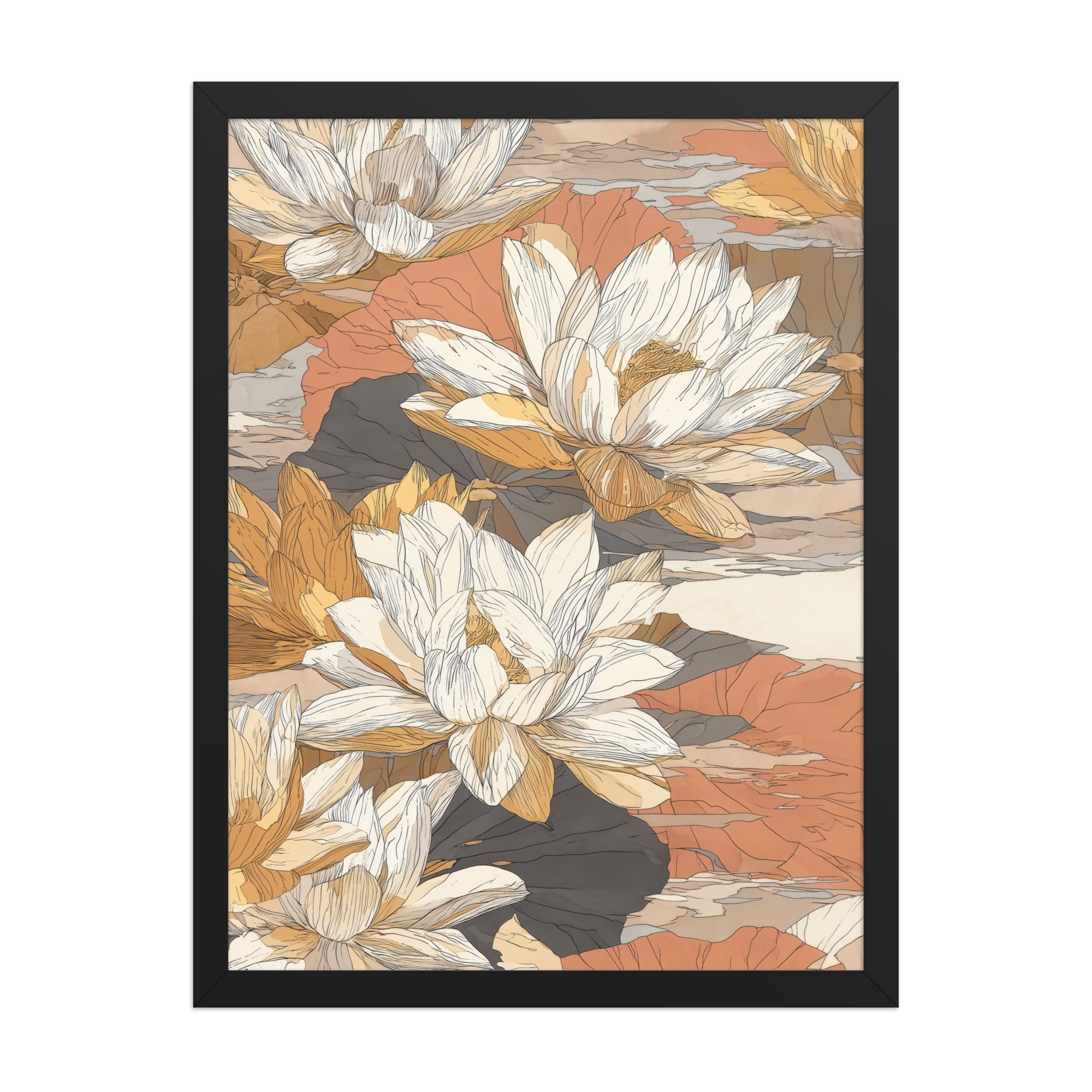 enhanced-matte-paper-framed-poster-in-black-18x24-front-68f922f461899.jpg Lotus Blossom Pattern — Warm Terracotta Floral Wall Art — Framed Poster - Image 6
