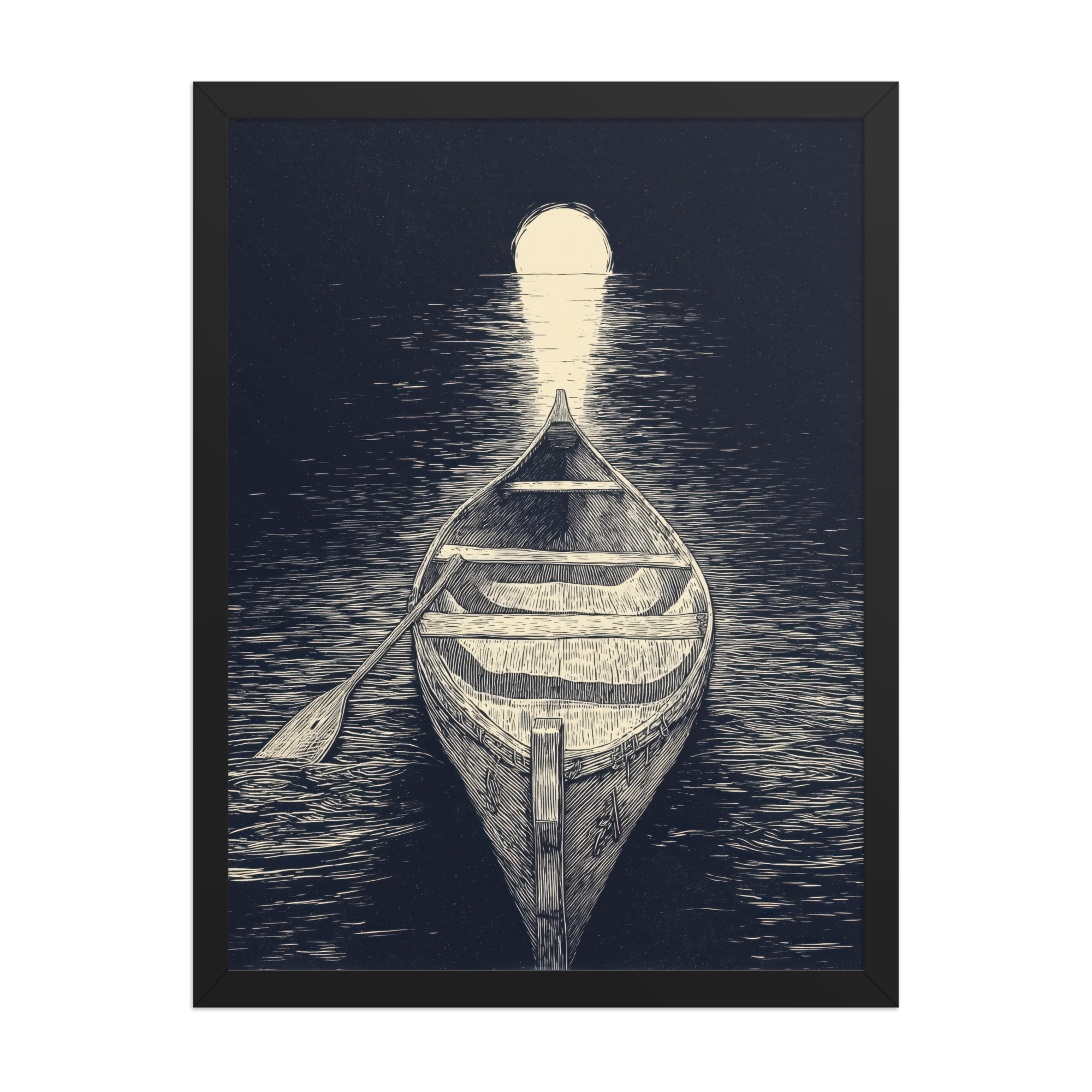 enhanced-matte-paper-framed-poster-in-black-18x24-front-68f9cc5aaa59b.jpg Moonlit Canoe — Woodcut Night Lake Wall Art — Framed Poster - Image 5