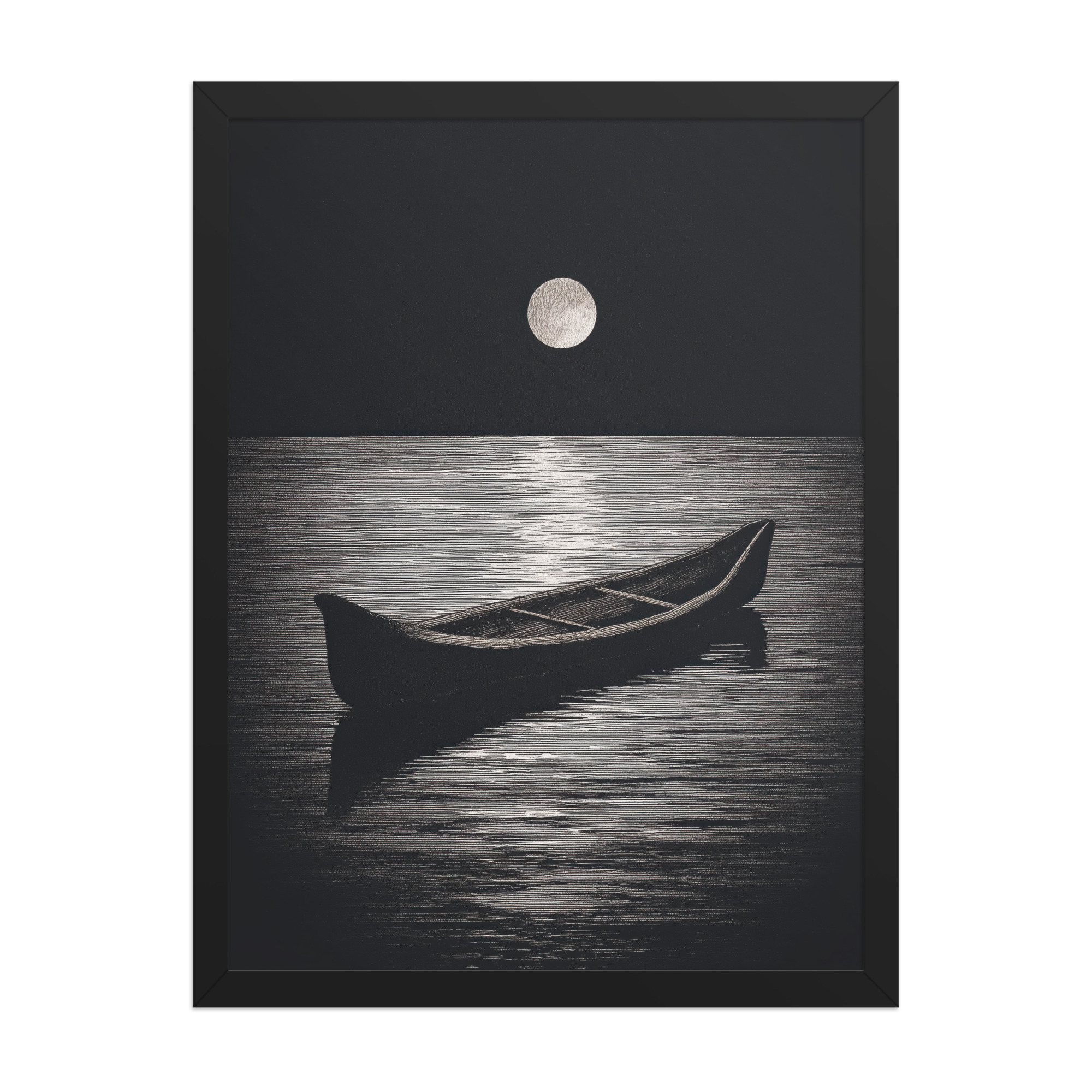enhanced-matte-paper-framed-poster-in-black-18x24-front-68f9d0a4e57c7.jpg Moonlit Canoe II — Minimal Silver Moon Night Wall Art — Framed Poster - Image 7