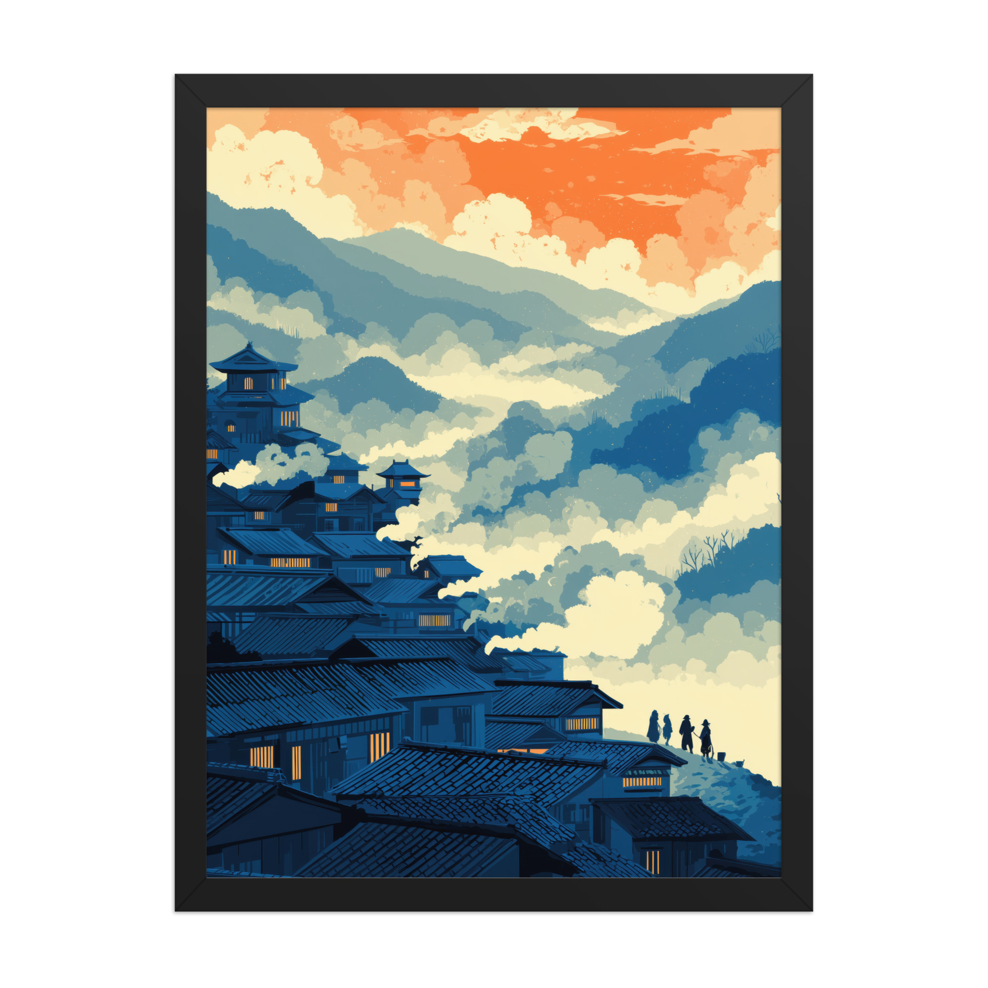 enhanced-matte-paper-framed-poster-in-black-18x24-front-68f9f80710bed.jpg Twilight Over Hillside Village – Ukiyo-e Wall Art Print – Framed Poster - Image 6