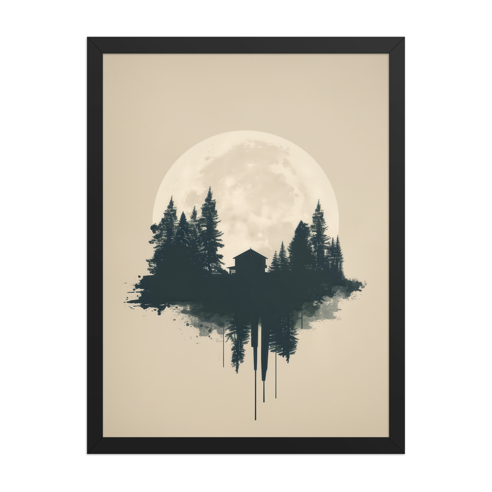enhanced-matte-paper-framed-poster-in-black-18x24-front-68f9ff049a5c9.jpg Full Moon Shelter — Minimalistic Forest House Wall Decor — Framed Poster - Image 5