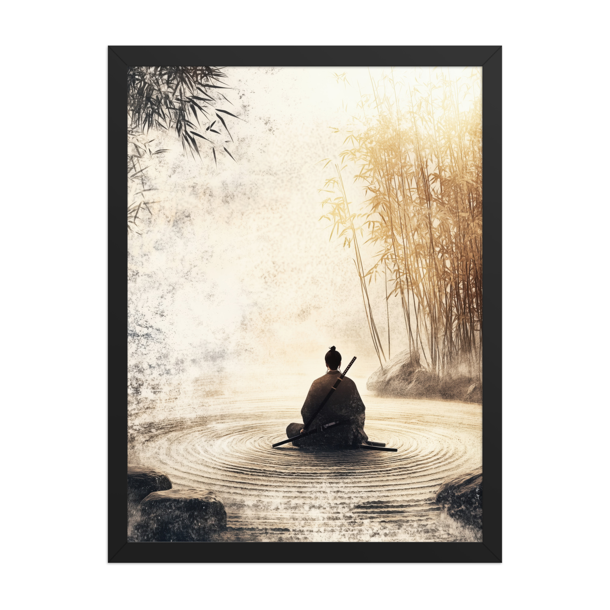 enhanced-matte-paper-framed-poster-in-black-18x24-front-68fa162ed2495.jpg Zen Samurai in Bamboo Light – Neutral Sumi-e Ink Samurai Meditation Wall Art – Framed Poster - Image 5