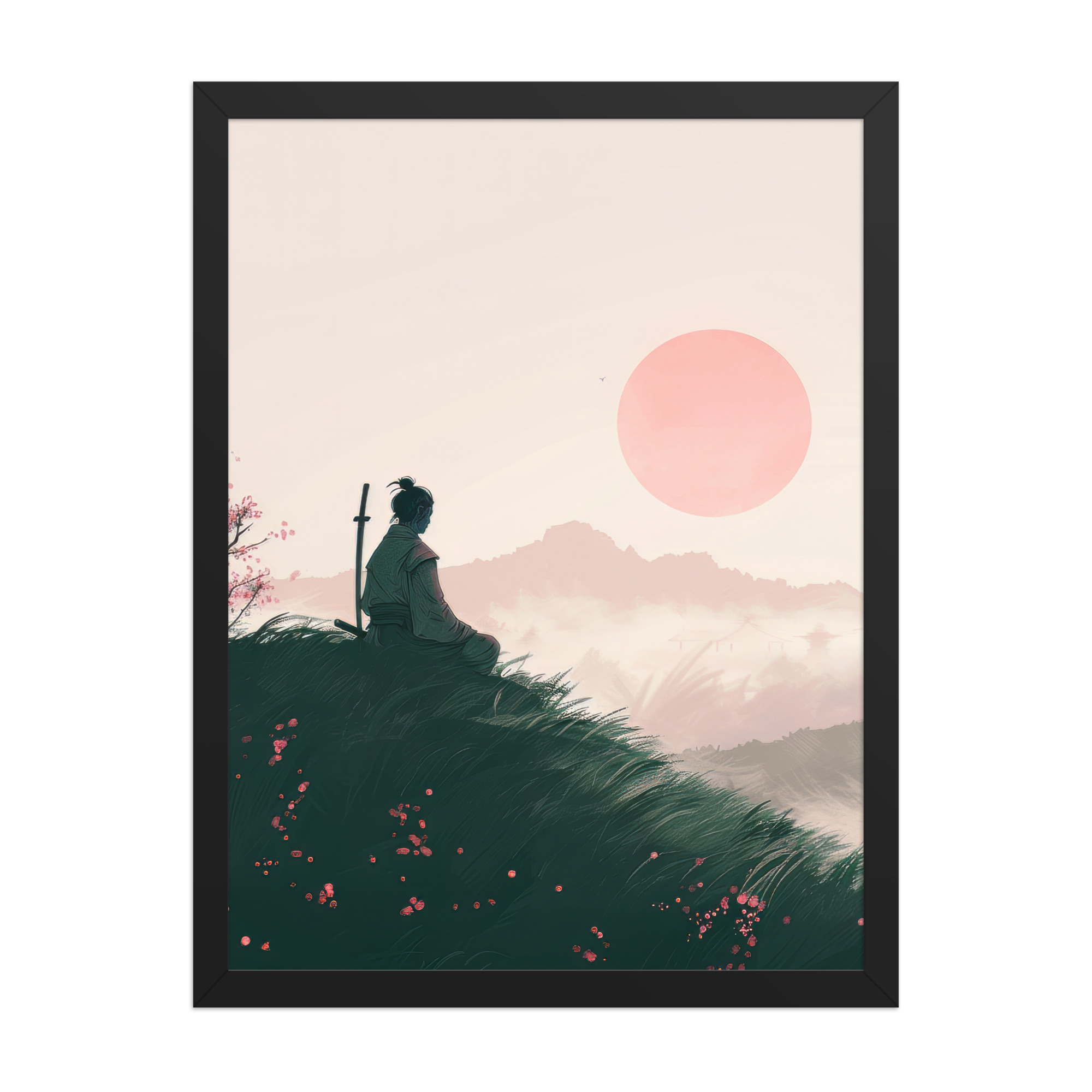 enhanced-matte-paper-framed-poster-in-black-18x24-front-68fa167397295.jpg Samurai at Dawn – Pink Sun Over Hills Quiet Strength at Daybreak Wall Decor – Framed Poster - Image 6