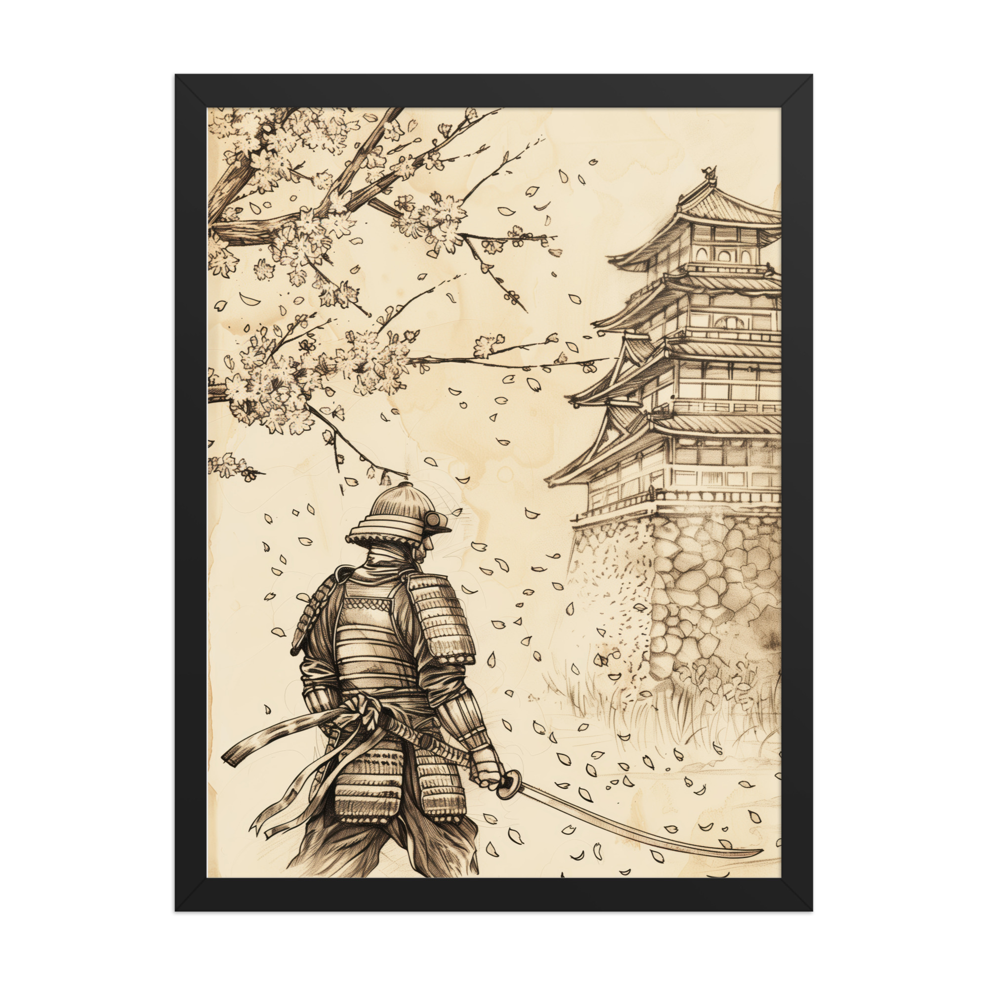 enhanced-matte-paper-framed-poster-in-black-18x24-front-68fa21f4022ca.jpg Samurai Under Cherry Blossoms – Castle Breeze and Falling Petals Wall Art – Framed Poster - Image 2