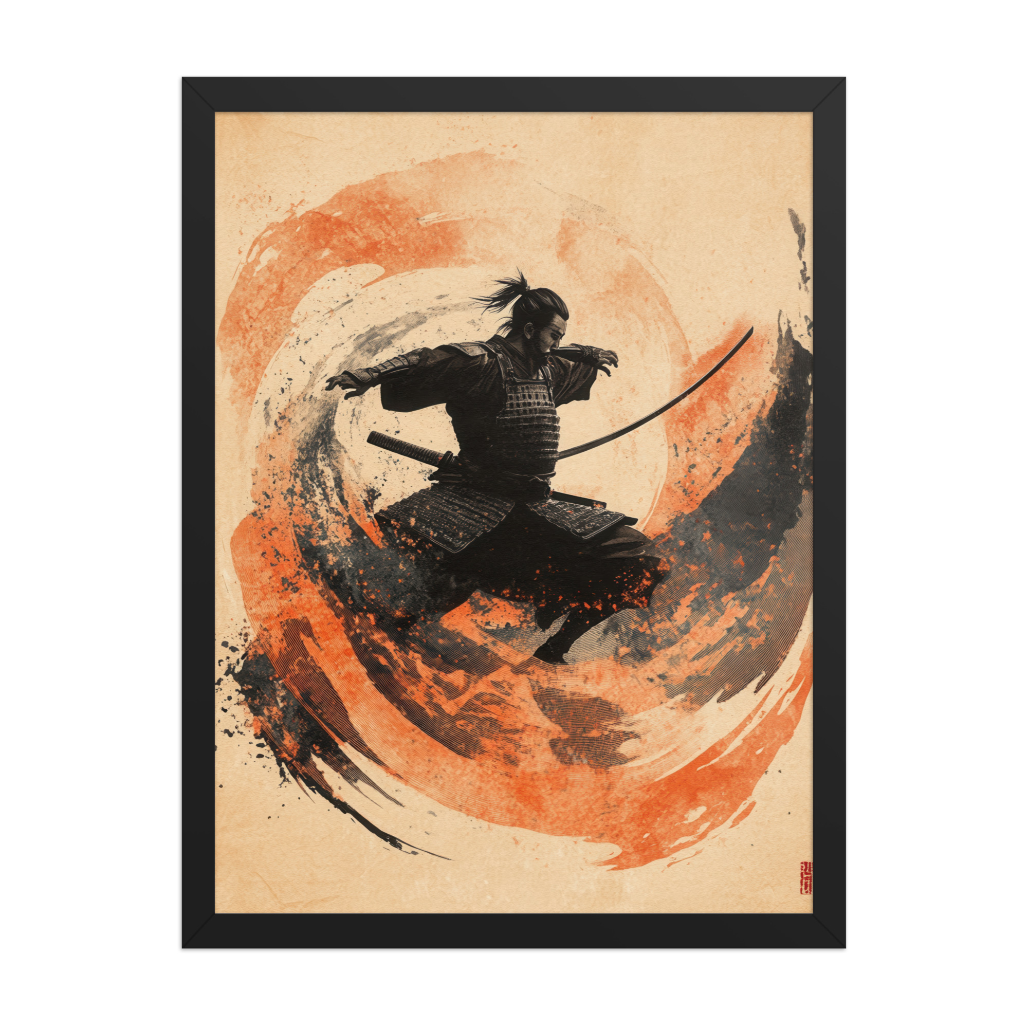 enhanced-matte-paper-framed-poster-in-black-18x24-front-68fa2225eb4b6.jpg Samurai Swirl – Brush-Stroke Motion and Warrior Focus Wall Decor – Framed Poster - Image 3