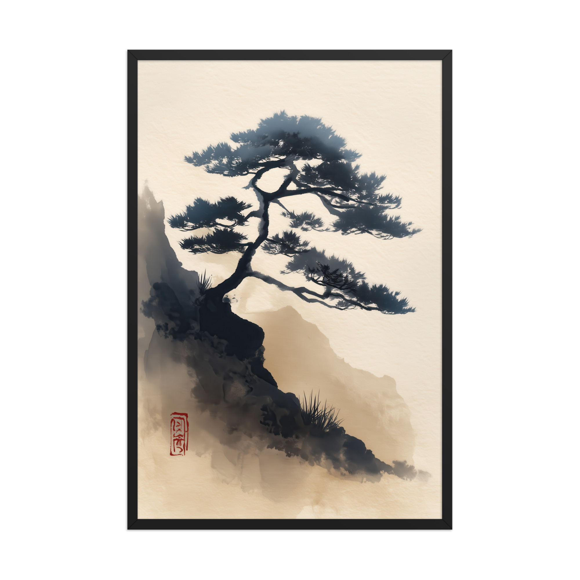 enhanced-matte-paper-framed-poster-in-black-24x36-front-68f87d0d3c391.jpg Mountain Pine in Soft Ink — Sumi-e Japanese Landscape Wall Decor — Framed Poster - Image 7