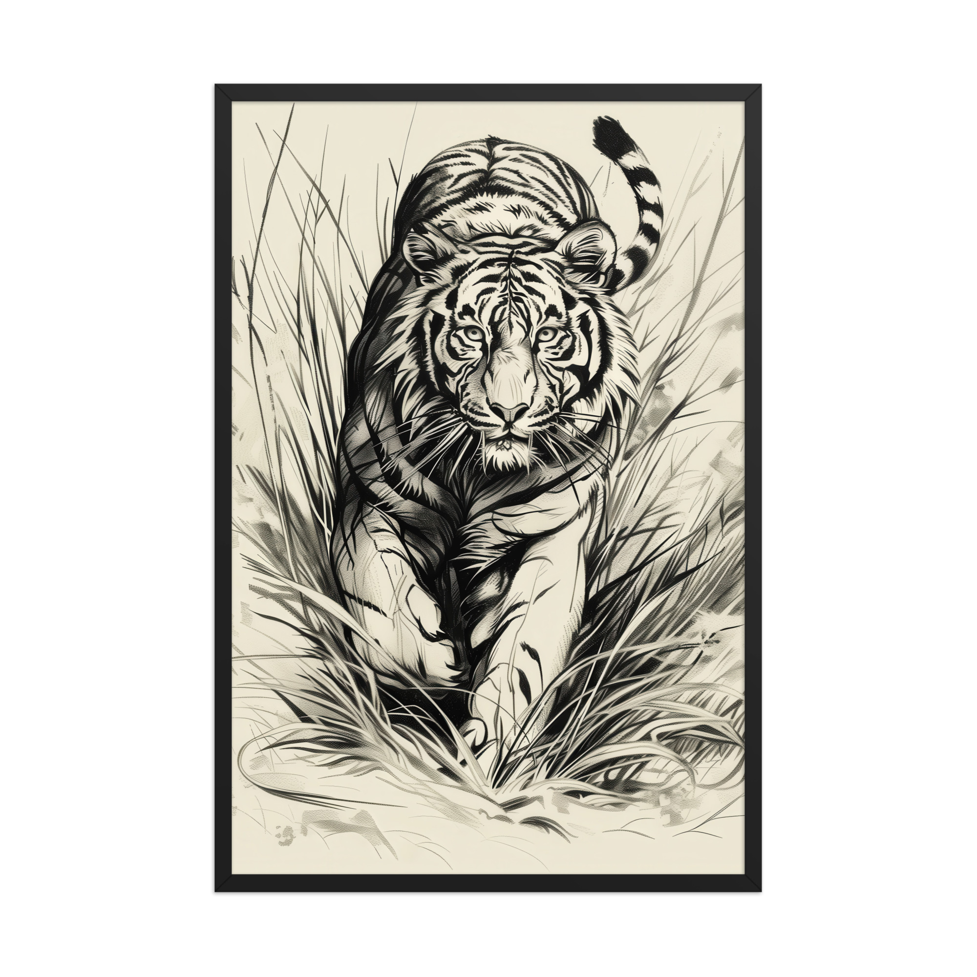 enhanced-matte-paper-framed-poster-in-black-24x36-front-68f89b4893a40.jpg Tiger in Brush — Monochrome Ink Bengal Tiger Wall Art — Framed Poster - Image 4