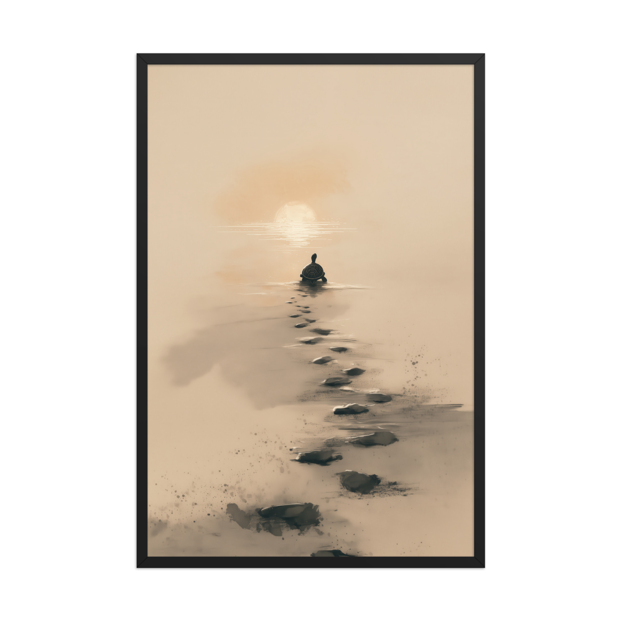 enhanced-matte-paper-framed-poster-in-black-24x36-front-68f8a9c6857a5.jpg Turtle Sunset Path — Minimalist Japandi Turtle with Footprints Beach Sunset Wall Decor — Framed Poster - Image 8