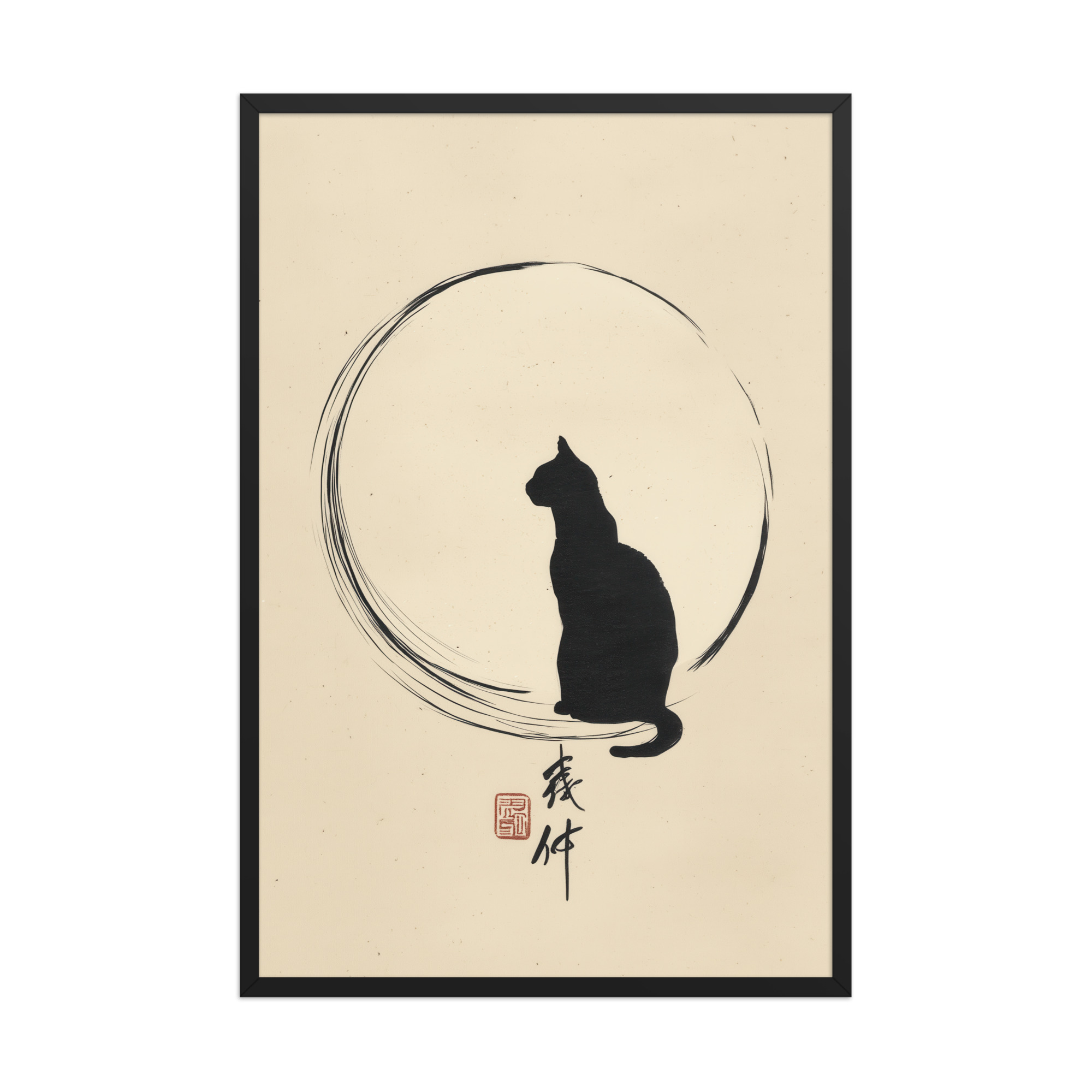 enhanced-matte-paper-framed-poster-in-black-24x36-front-68f8bc8e67bd3.jpg Moonlit Cat — Minimal Cat with Enso Circle in Black Ink Wall Art — Framed Poster - Image 8
