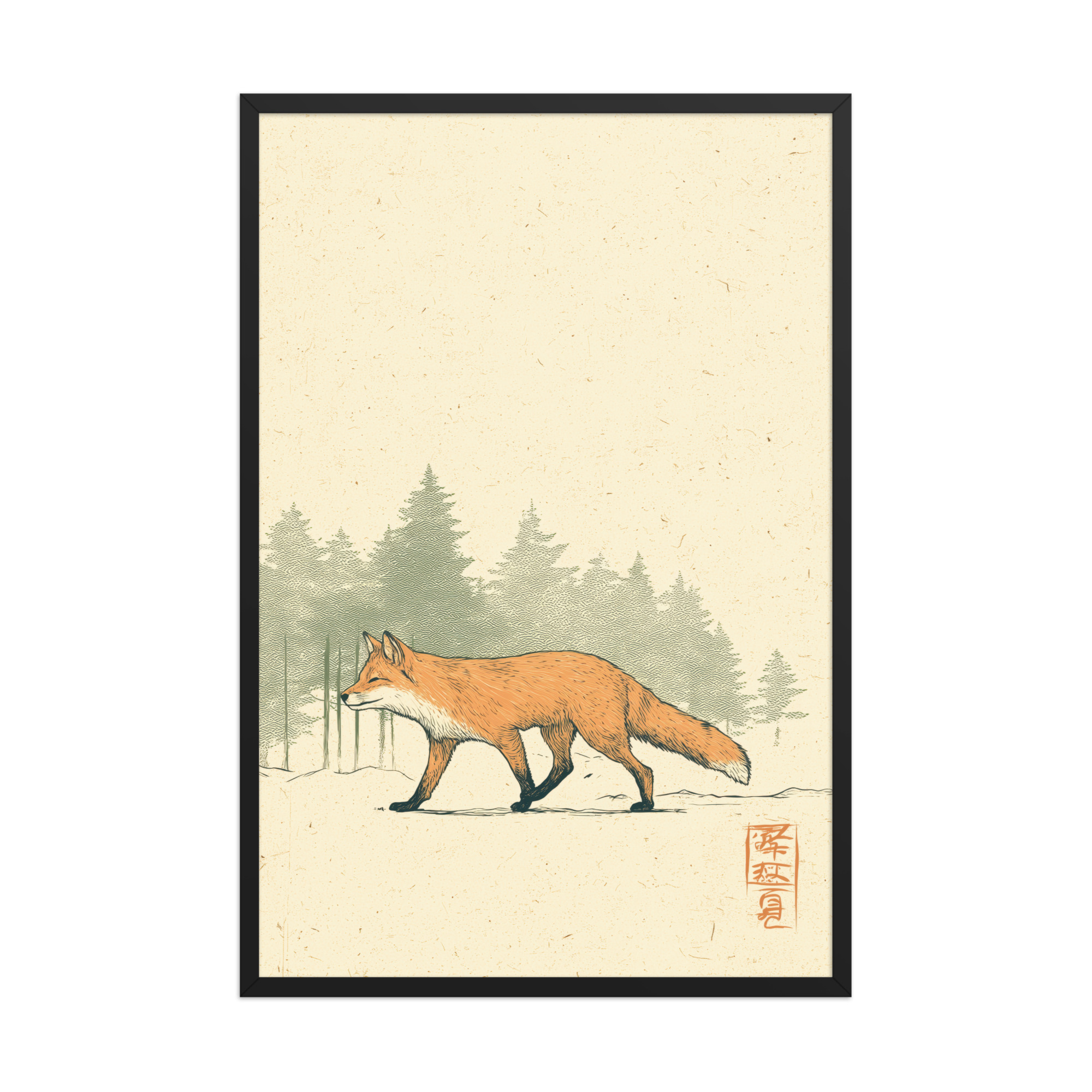 enhanced-matte-paper-framed-poster-in-black-24x36-front-68f9031fcff6f.jpg Fox in Pines — Red Fox Illustration on Textured Paper Wall Decor — Framed Poster - Image 8