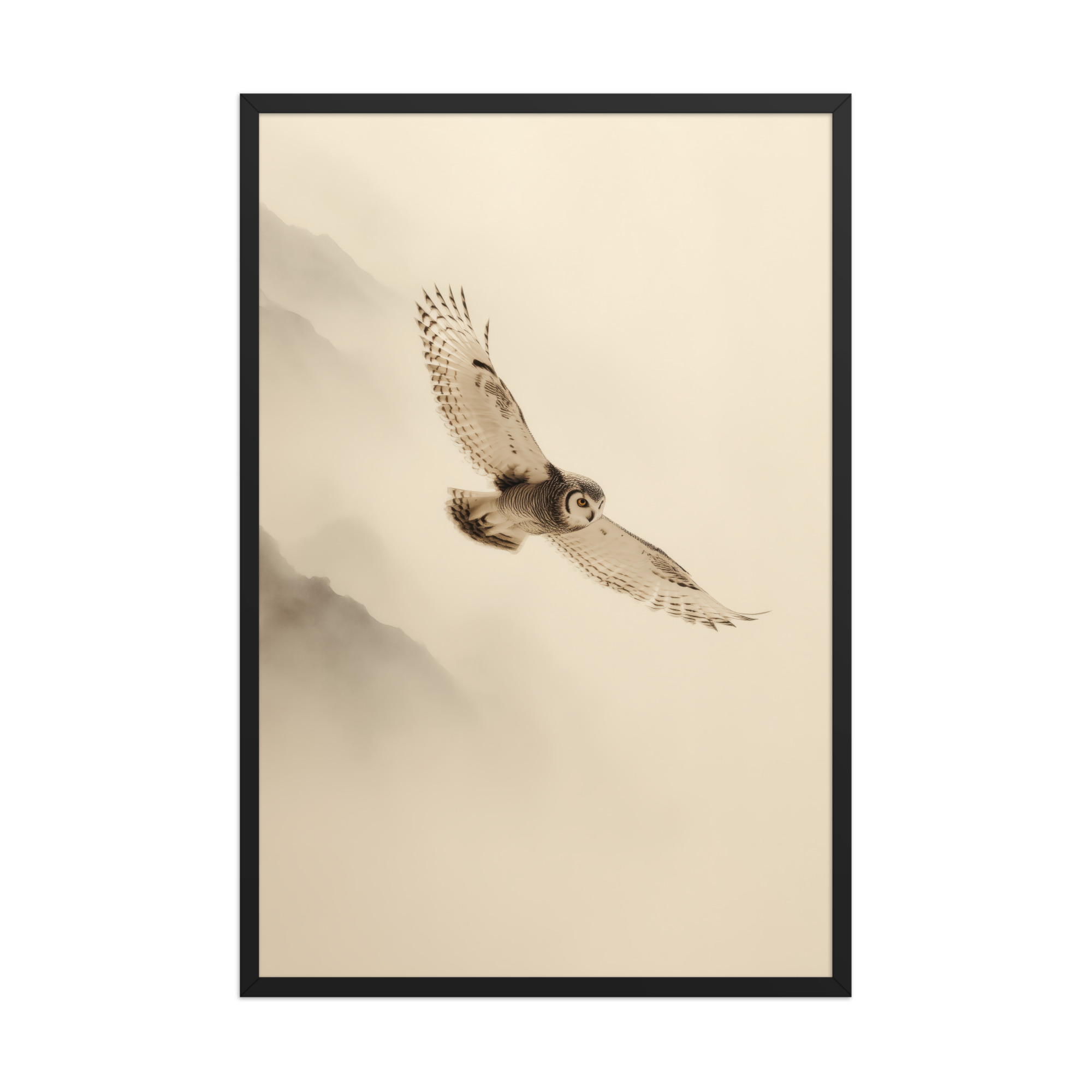 enhanced-matte-paper-framed-poster-in-black-24x36-front-68f904c80d9b0.jpg Flight Through Mist — Owl in Motion Wildlife Wall Art — Framed Poster - Image 7