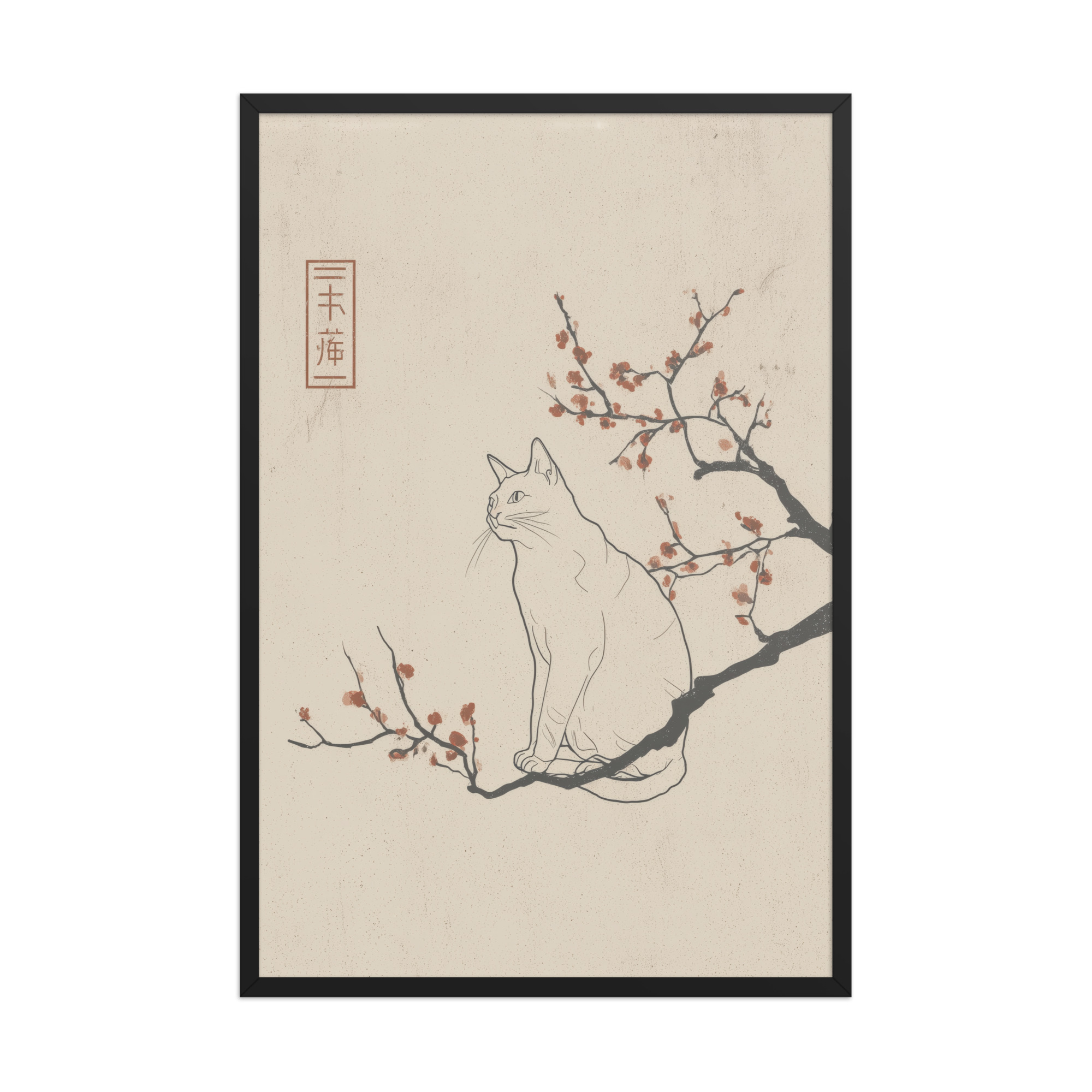enhanced-matte-paper-framed-poster-in-black-24x36-front-68f906824998b.jpg Cat with Blossoms — Minimalist Cat on Plum Branch Wall Art — Framed Poster - Image 7