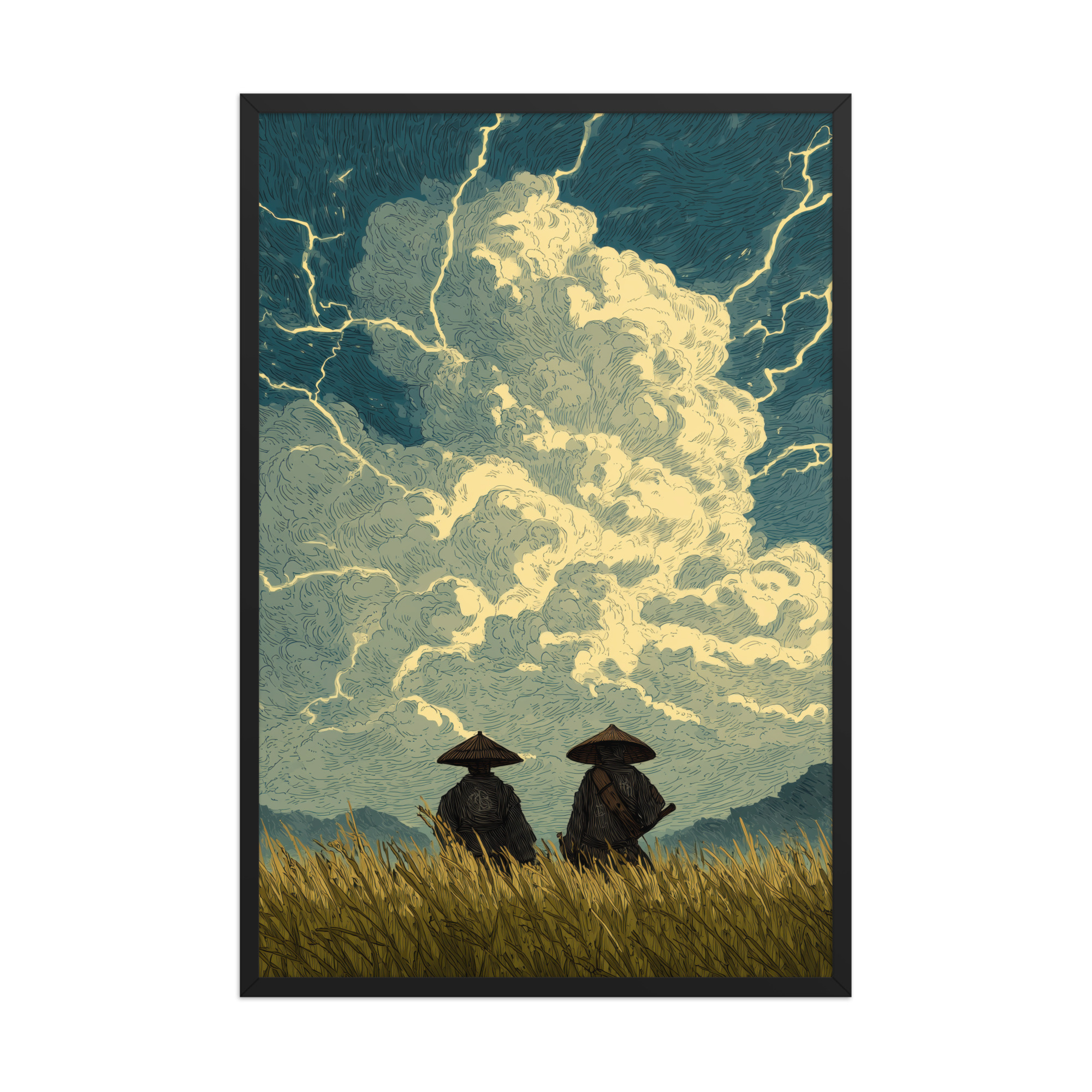 enhanced-matte-paper-framed-poster-in-black-24x36-front-68f9f1a39cbbf.jpg Before the Storm – Ukiyo-e Samurai Watchers Landscape Wall Art – Framed Poster - Image 7
