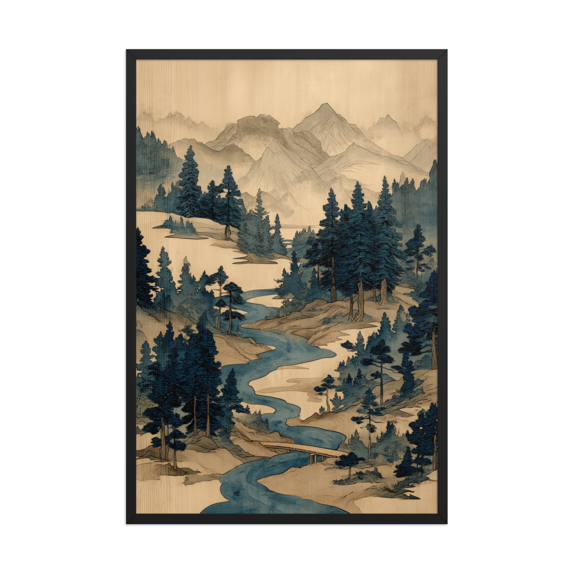 enhanced-matte-paper-framed-poster-in-black-24x36-front-68f9f793e0914.jpg Winding River Pines – Ukiyo-e Mountain Stream Landscape Wall Art – Framed Poster - Image 8