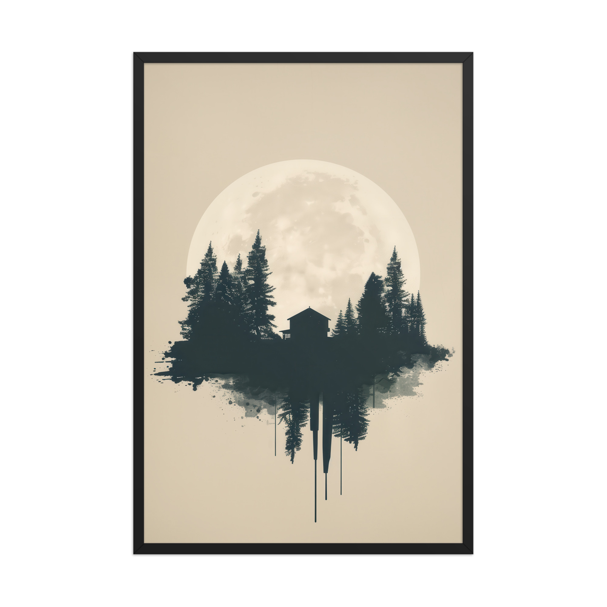enhanced-matte-paper-framed-poster-in-black-24x36-front-68f9ff049a6d1.jpg Full Moon Shelter — Minimalistic Forest House Wall Decor — Framed Poster - Image 6