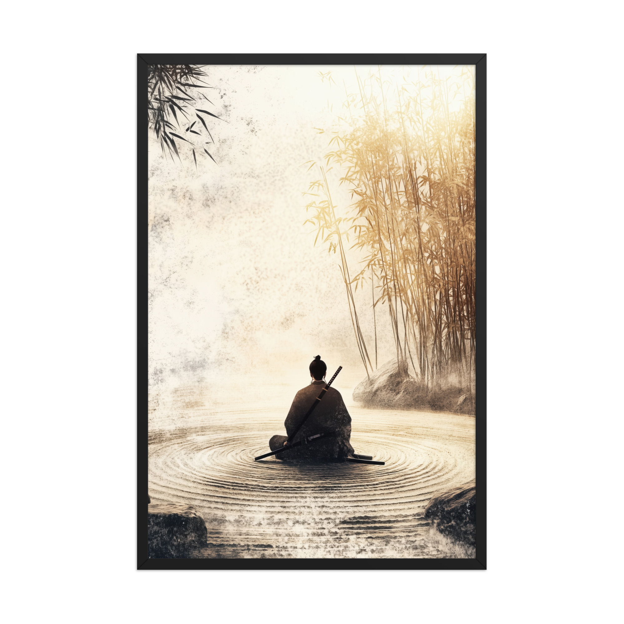 enhanced-matte-paper-framed-poster-in-black-24x36-front-68fa162ed252e.jpg Zen Samurai in Bamboo Light – Neutral Sumi-e Ink Samurai Meditation Wall Art – Framed Poster - Image 6
