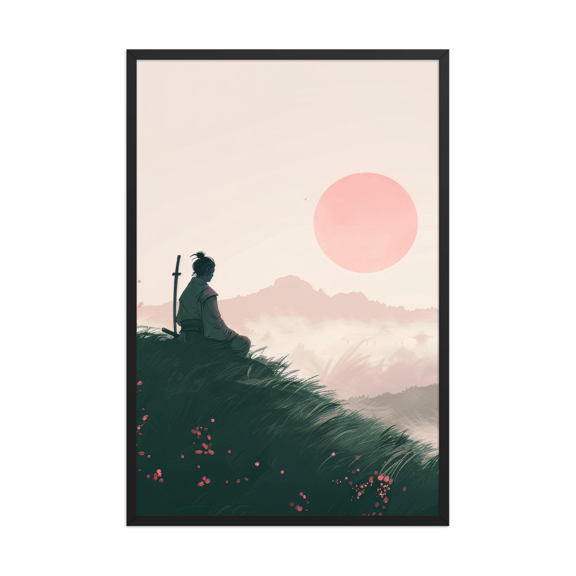 enhanced-matte-paper-framed-poster-in-black-24x36-front-68fa16739738c.jpg Samurai at Dawn – Pink Sun Over Hills Quiet Strength at Daybreak Wall Decor – Framed Poster - Image 7