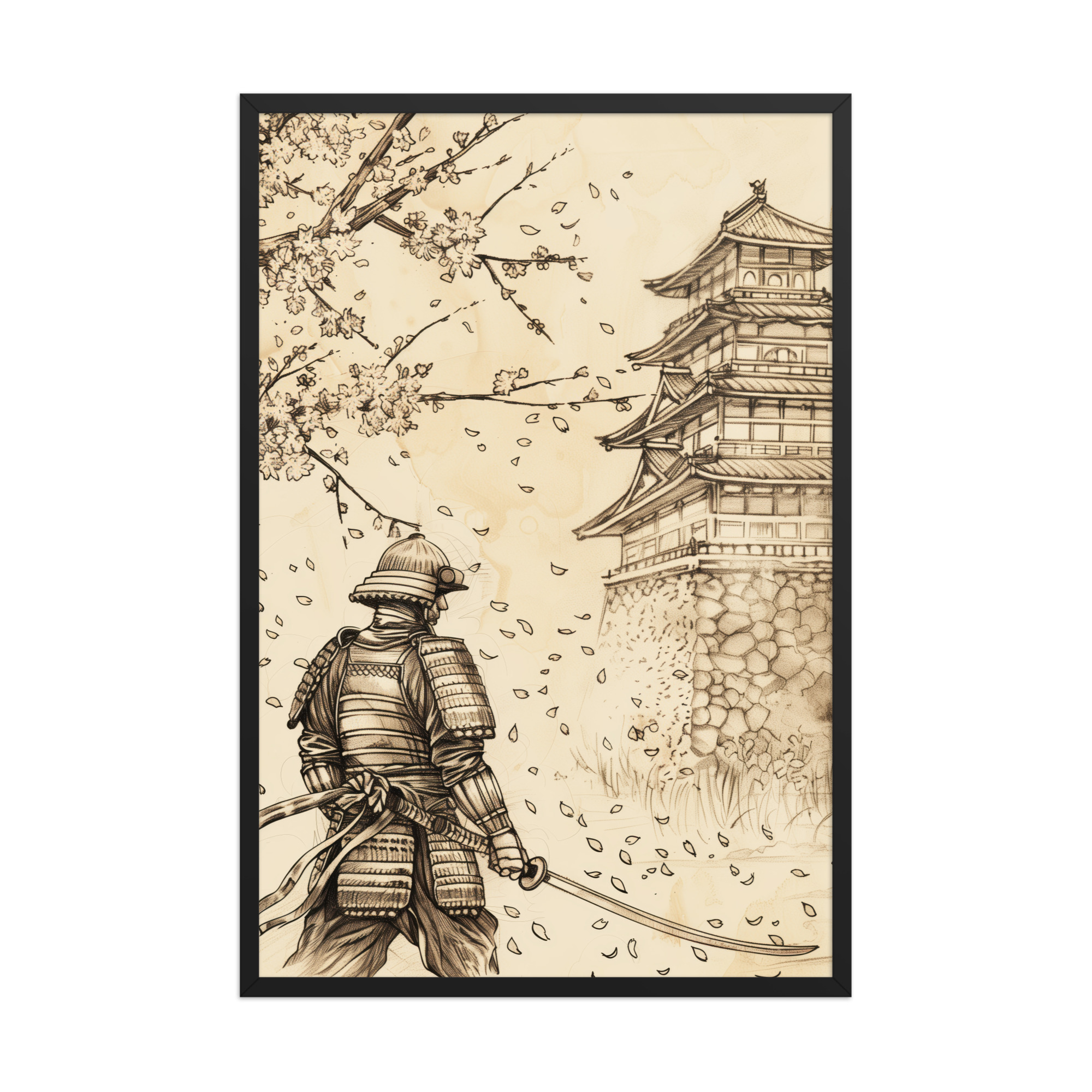 enhanced-matte-paper-framed-poster-in-black-24x36-front-68fa21f402387.jpg Samurai Under Cherry Blossoms – Castle Breeze and Falling Petals Wall Art – Framed Poster - Image 3