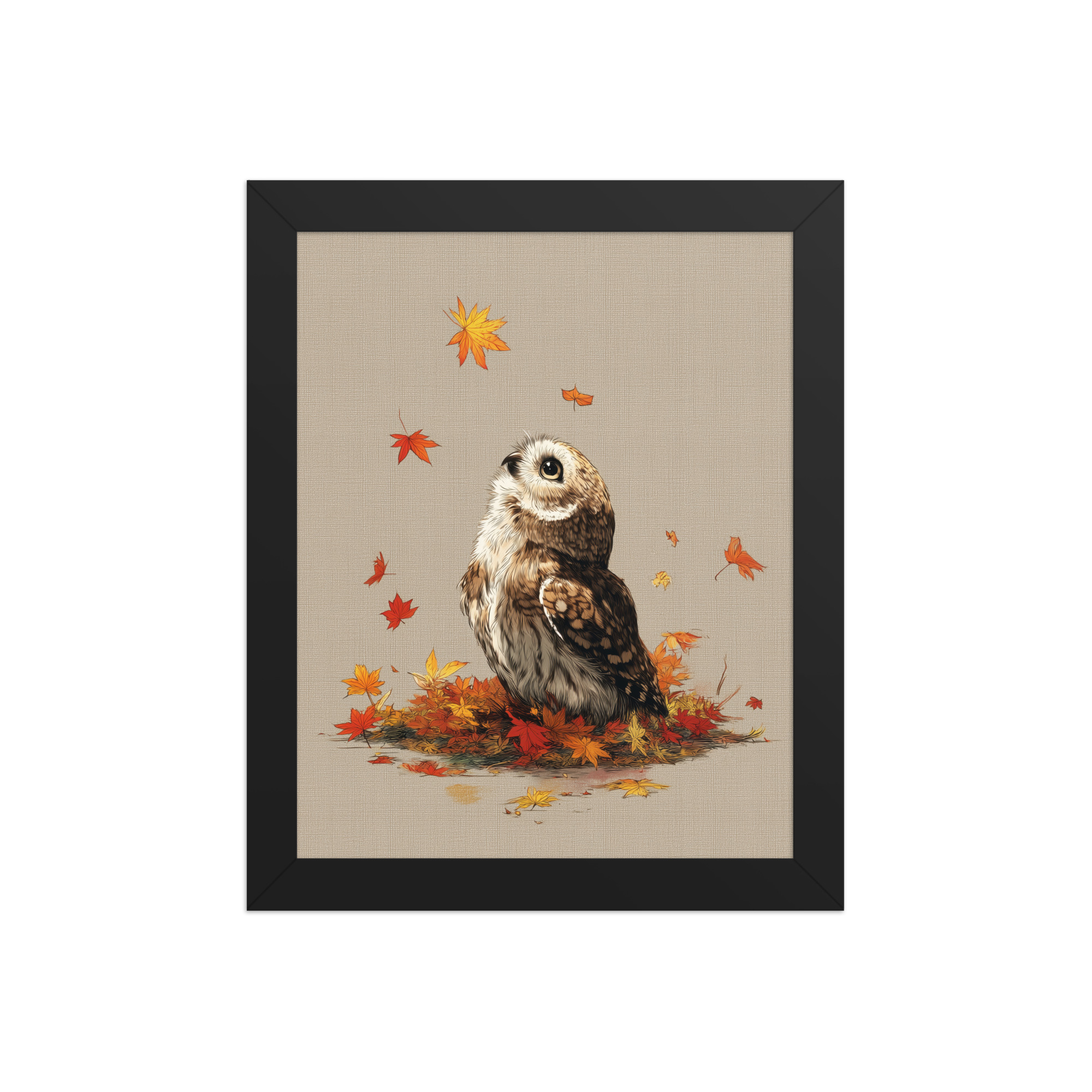 enhanced-matte-paper-framed-poster-in-black-8x10-front-68f89a1ad80b4.jpg Autumn Gaze Owl — Owl Illustration with Falling Leaves Wall Art — Framed Poster - Image 2