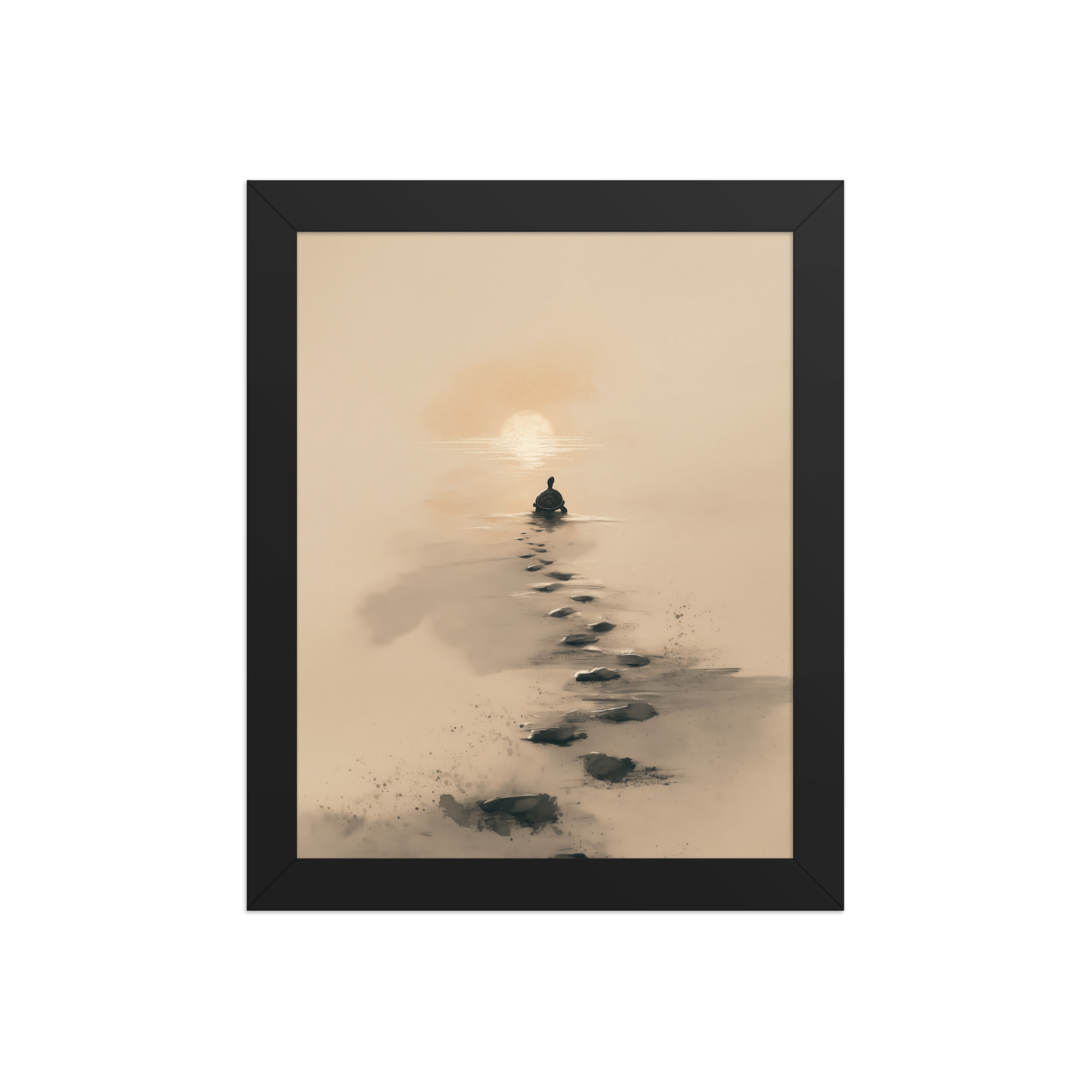 enhanced-matte-paper-framed-poster-in-black-8x10-front-68f8a9c685437.jpg Turtle Sunset Path — Minimalist Japandi Turtle with Footprints Beach Sunset Wall Decor — Framed Poster - Image 2