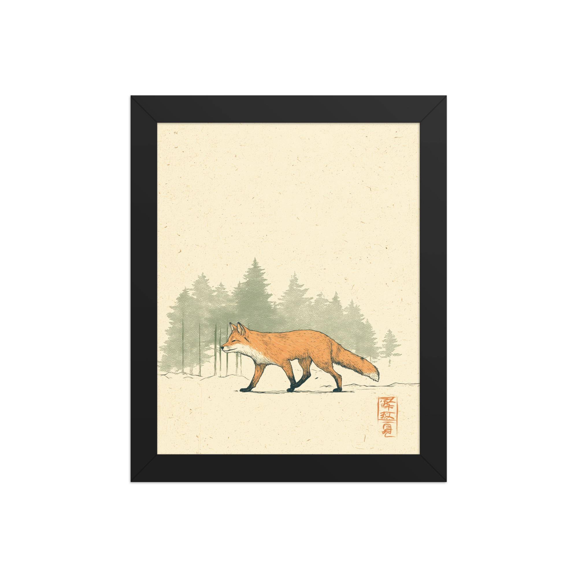 enhanced-matte-paper-framed-poster-in-black-8x10-front-68f9031fcfbbf.jpg Fox in Pines — Red Fox Illustration on Textured Paper Wall Decor — Framed Poster - Image 2