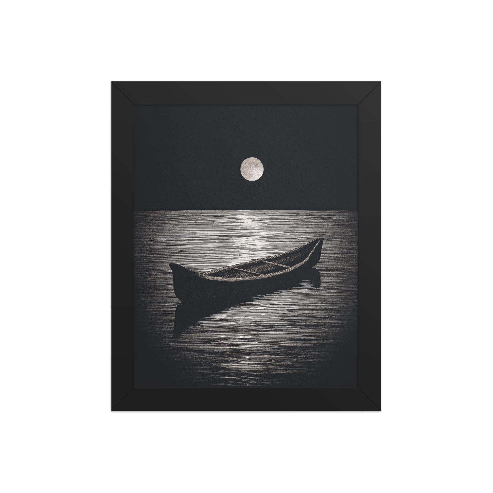 enhanced-matte-paper-framed-poster-in-black-8x10-front-68f9d0a4e54e0.jpg Moonlit Canoe II — Minimal Silver Moon Night Wall Art — Framed Poster - Image 2