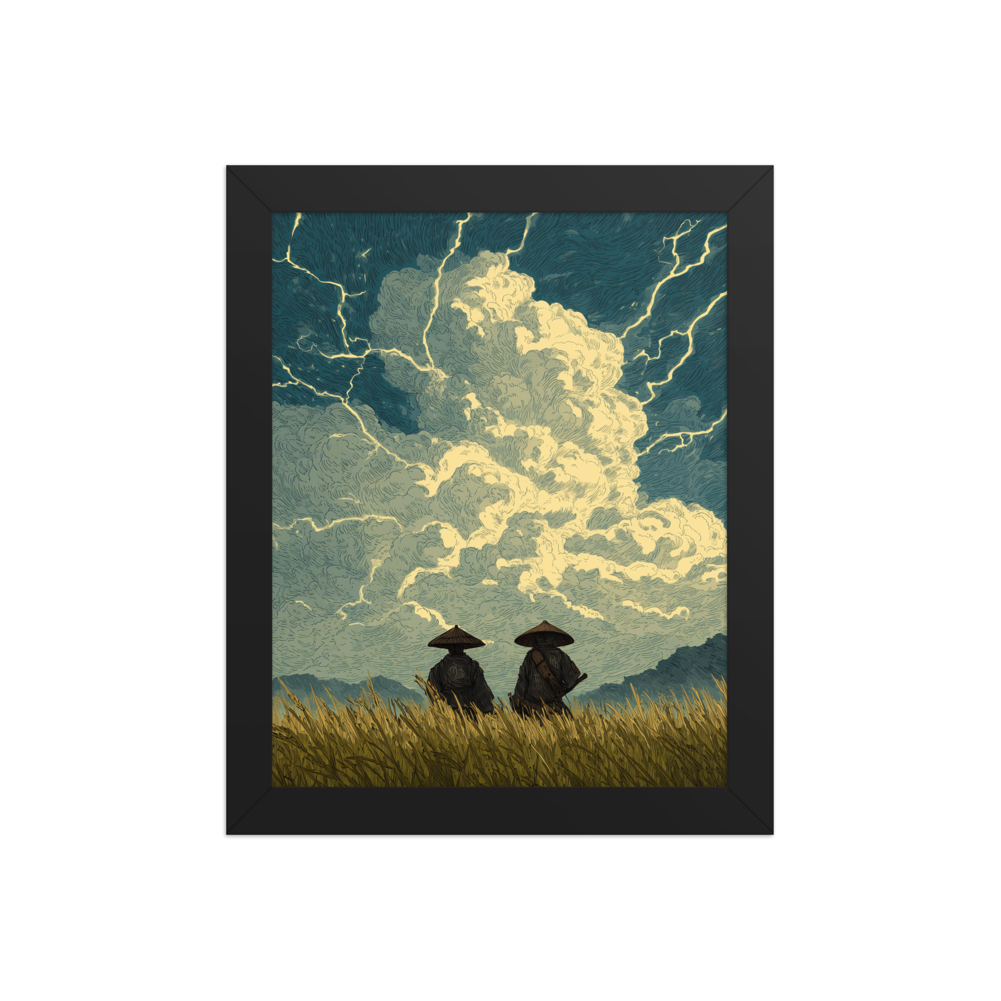 enhanced-matte-paper-framed-poster-in-black-8x10-front-68f9f1a39c76c.jpg Before the Storm – Ukiyo-e Samurai Watchers Landscape Wall Art – Framed Poster - Image 2