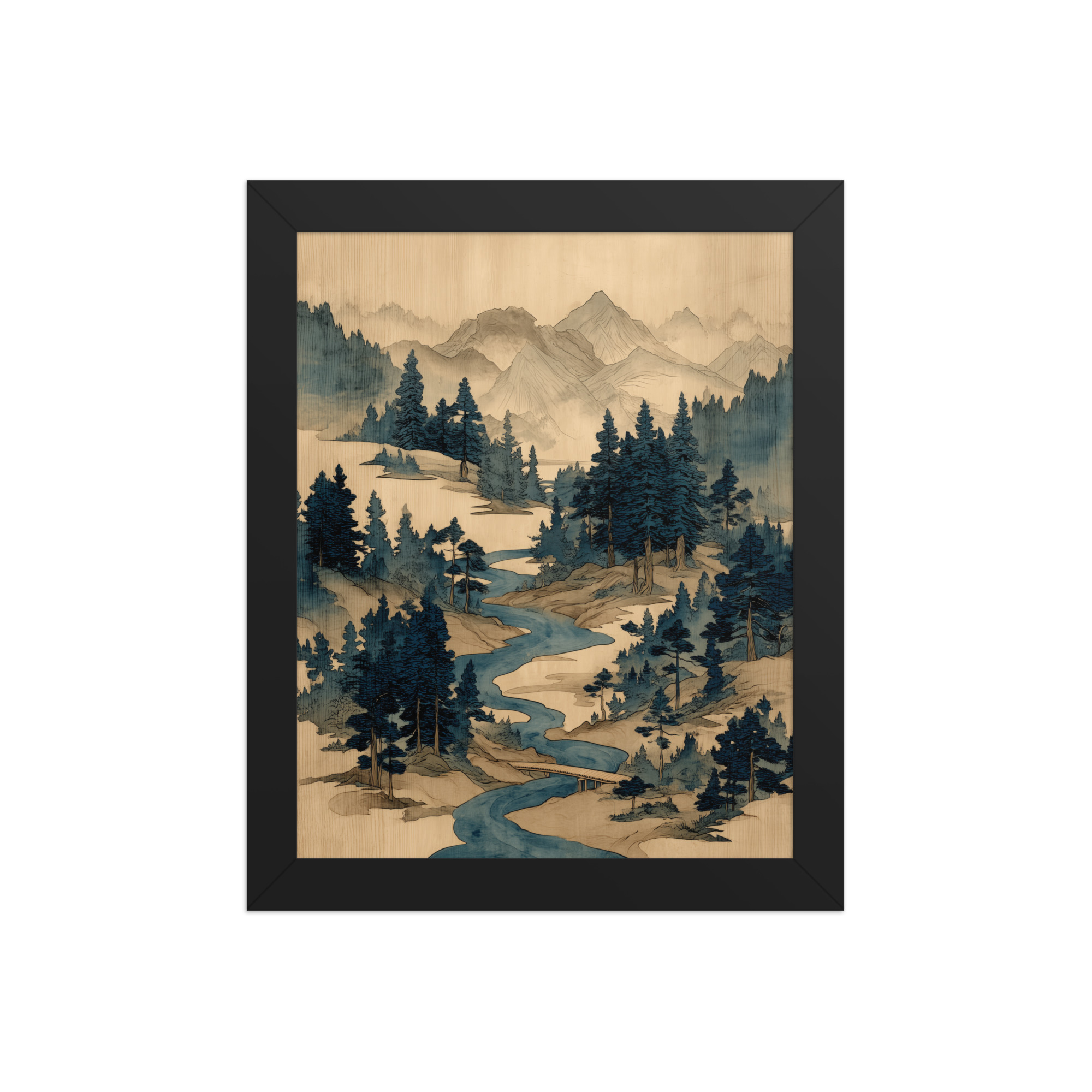 enhanced-matte-paper-framed-poster-in-black-8x10-front-68f9f793e0543.jpg Winding River Pines – Ukiyo-e Mountain Stream Landscape Wall Art – Framed Poster - Image 2