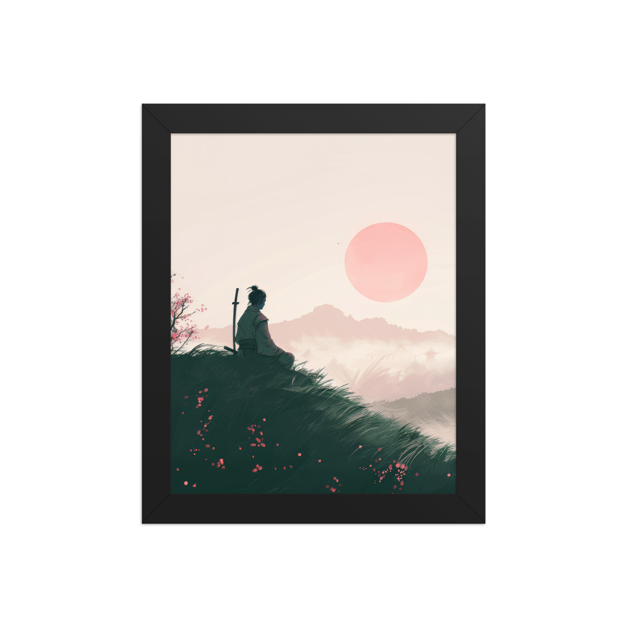 enhanced-matte-paper-framed-poster-in-black-8x10-front-68fa167397022.jpg Samurai at Dawn – Pink Sun Over Hills Quiet Strength at Daybreak Wall Decor – Framed Poster - Image 2