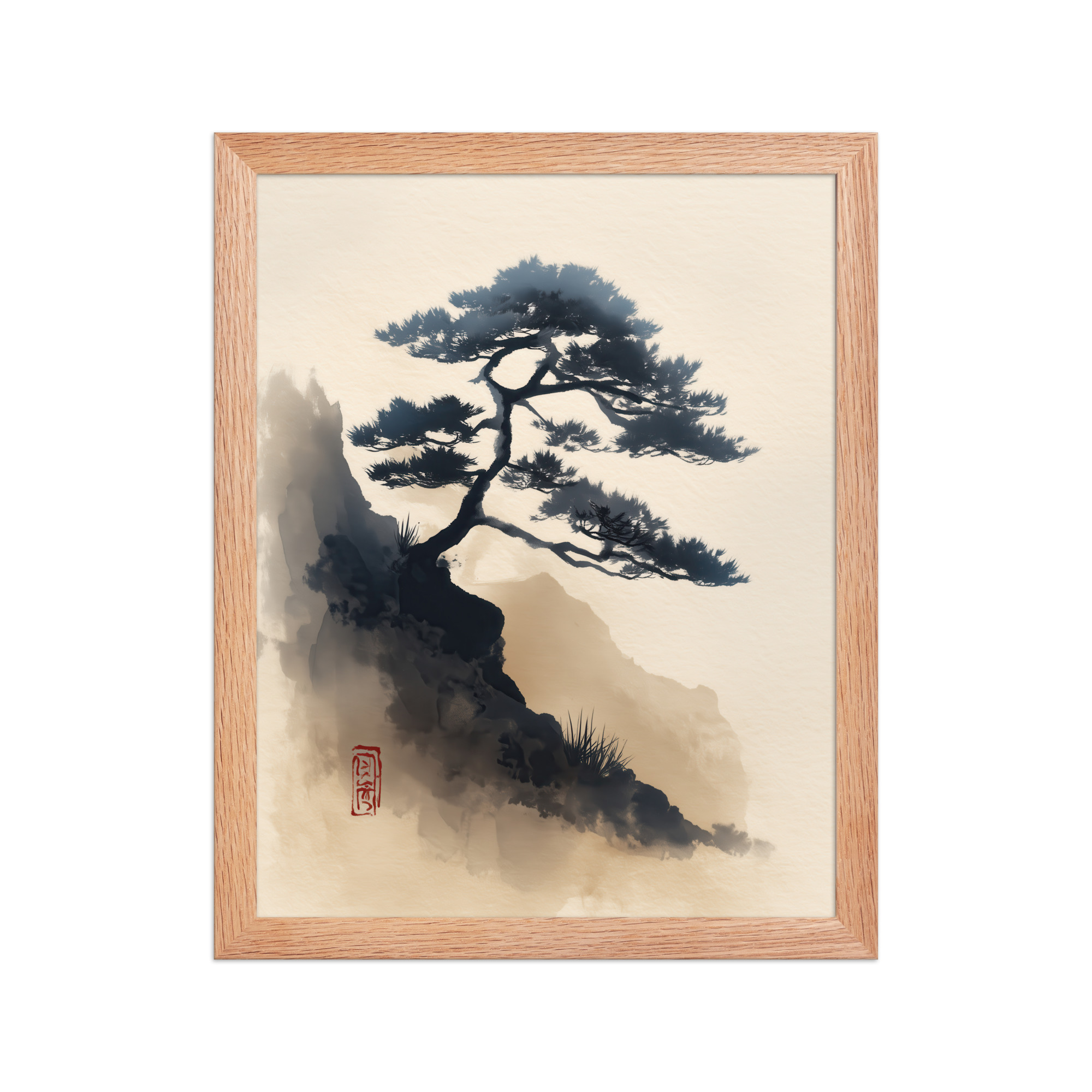 enhanced-matte-paper-framed-poster-in-red-oak-11x14-front-68f87d0d3c420.jpg Mountain Pine in Soft Ink — Sumi-e Japanese Landscape Wall Decor — Framed Poster - Image 8