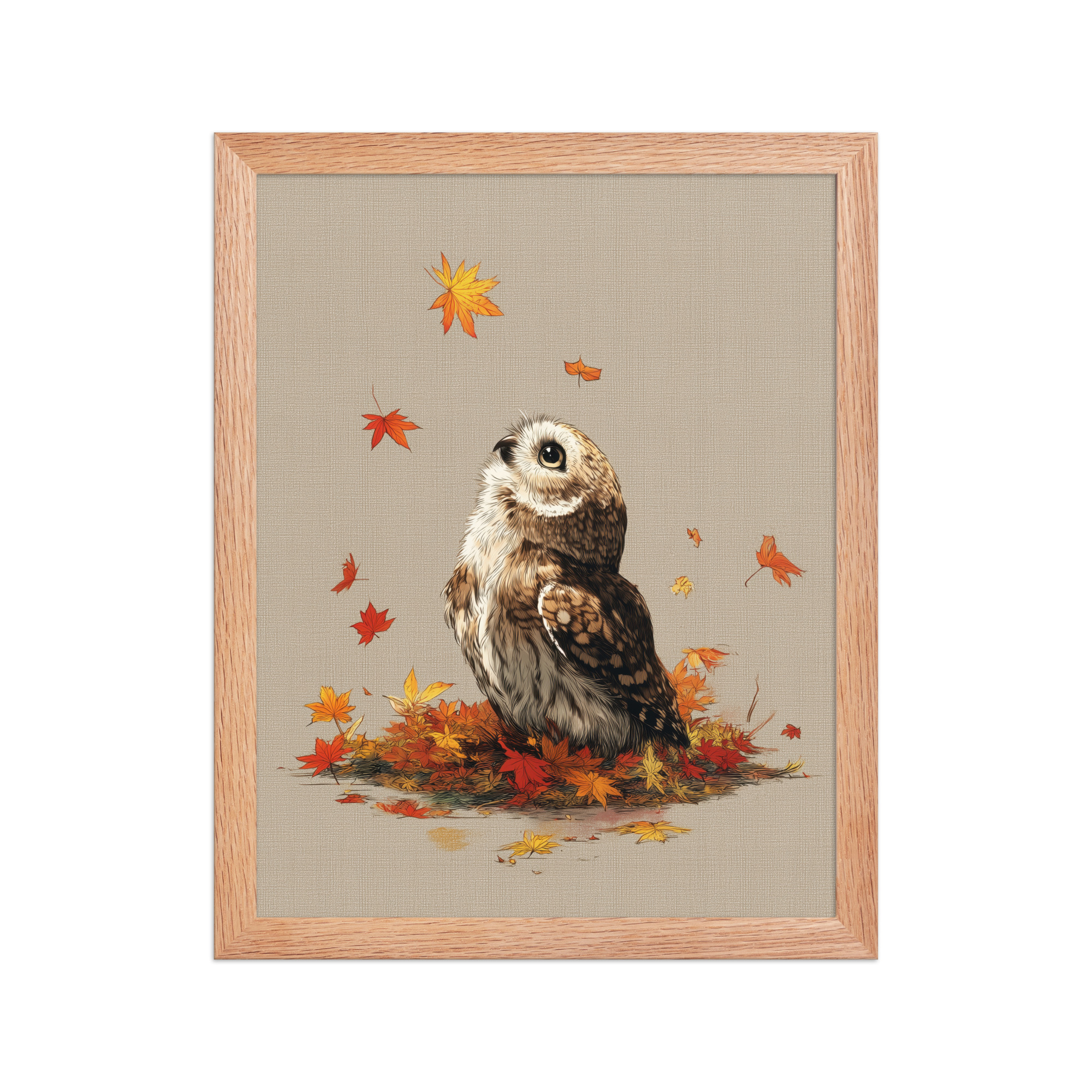 enhanced-matte-paper-framed-poster-in-red-oak-11x14-front-68f89a1ad8591.jpg Autumn Gaze Owl — Owl Illustration with Falling Leaves Wall Art — Framed Poster - Image 7